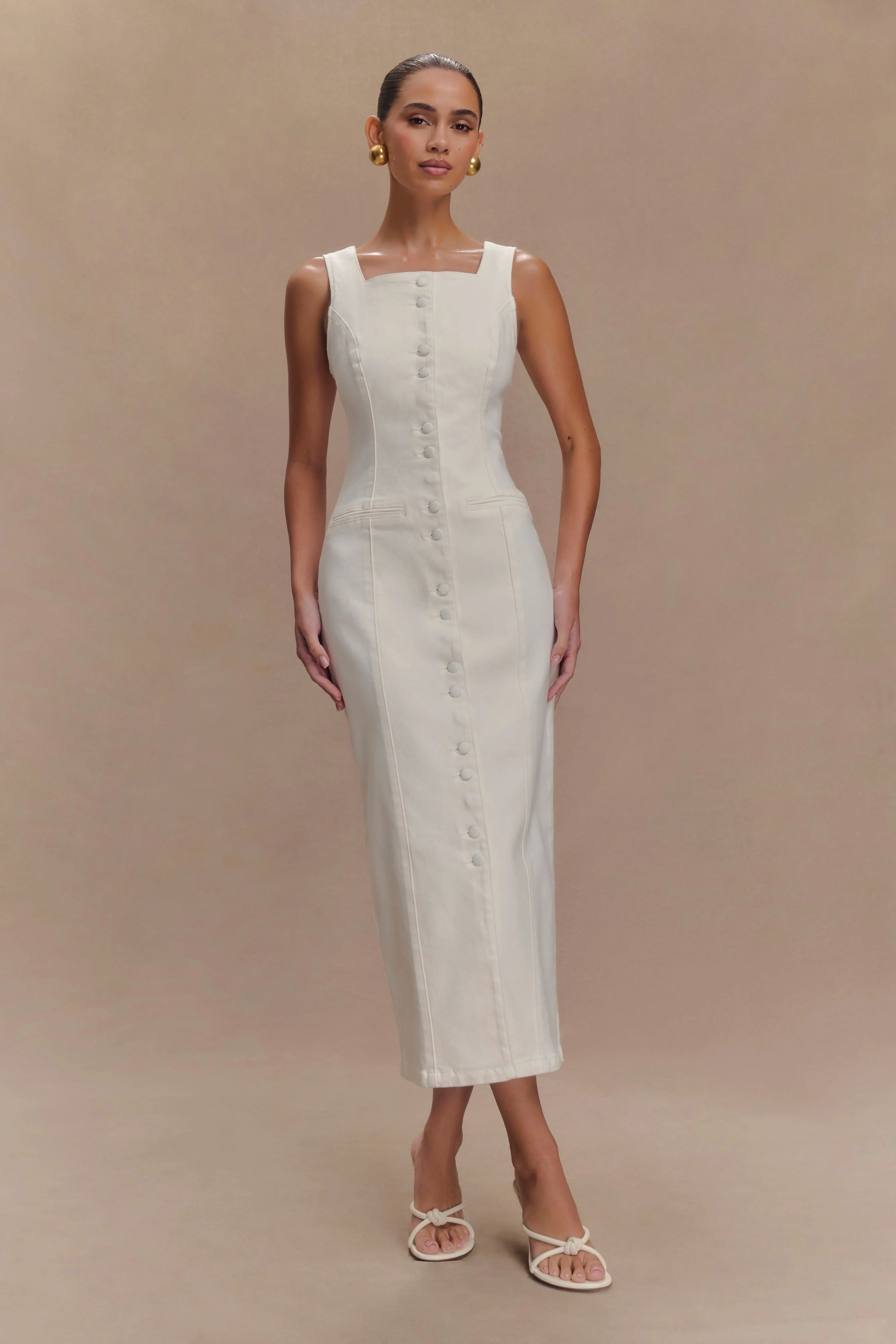 Reyna Denim Midi Dress White