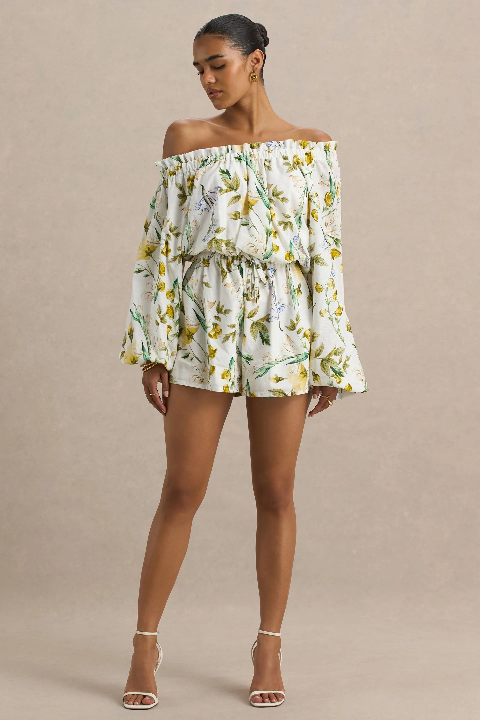 Waterfall Lemon Floral Print Asymmetric Long Sleeve Playsuit