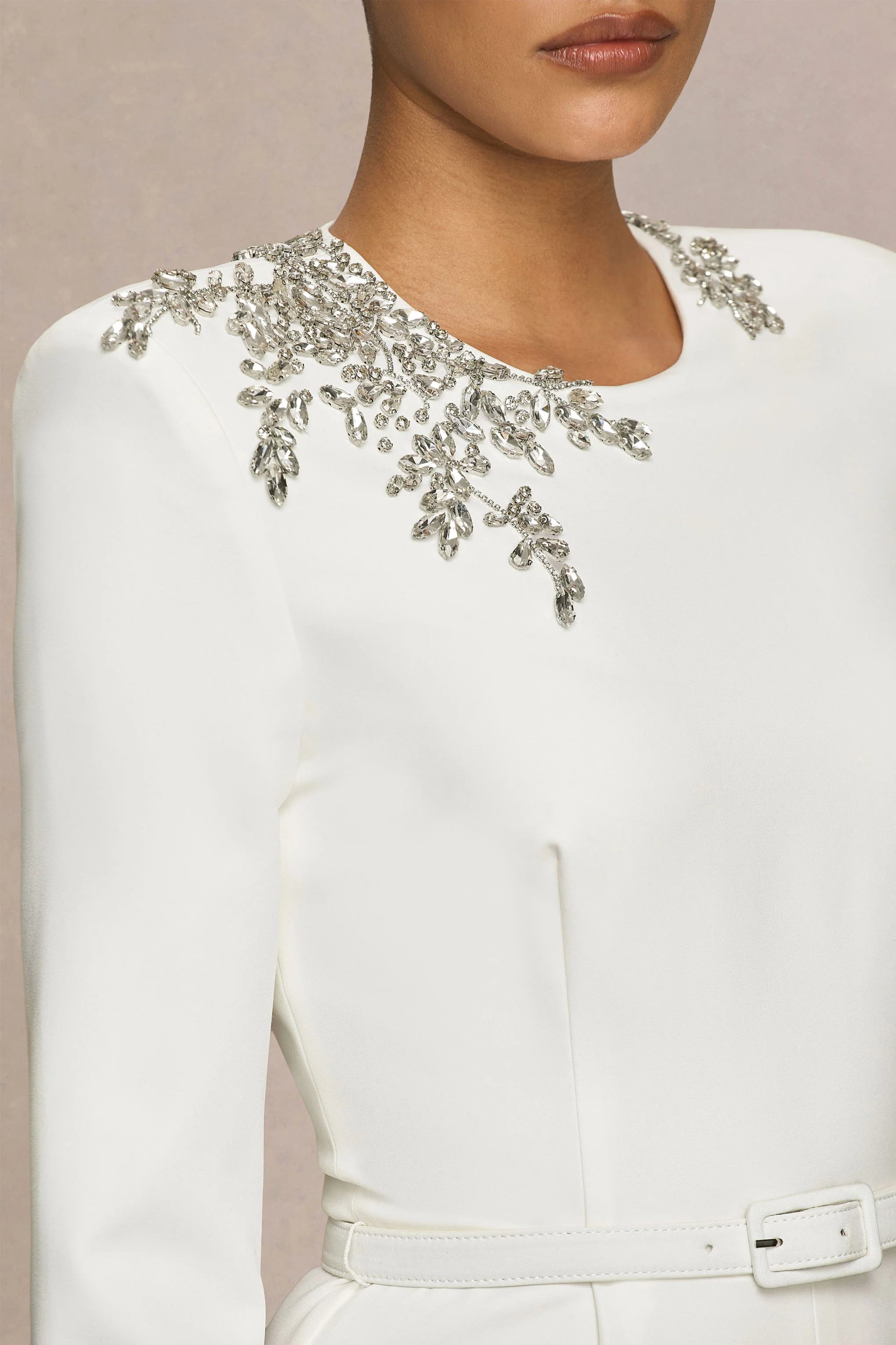 Prize Cream Crew Neck Jumpsuit With Embellishment Detail