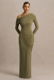 Perrie Olive Asymmetric Neck Maxi Dress With Ruched Detailing
