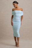Rayleigh Powder Blue Bardot Ruched Midi Dress