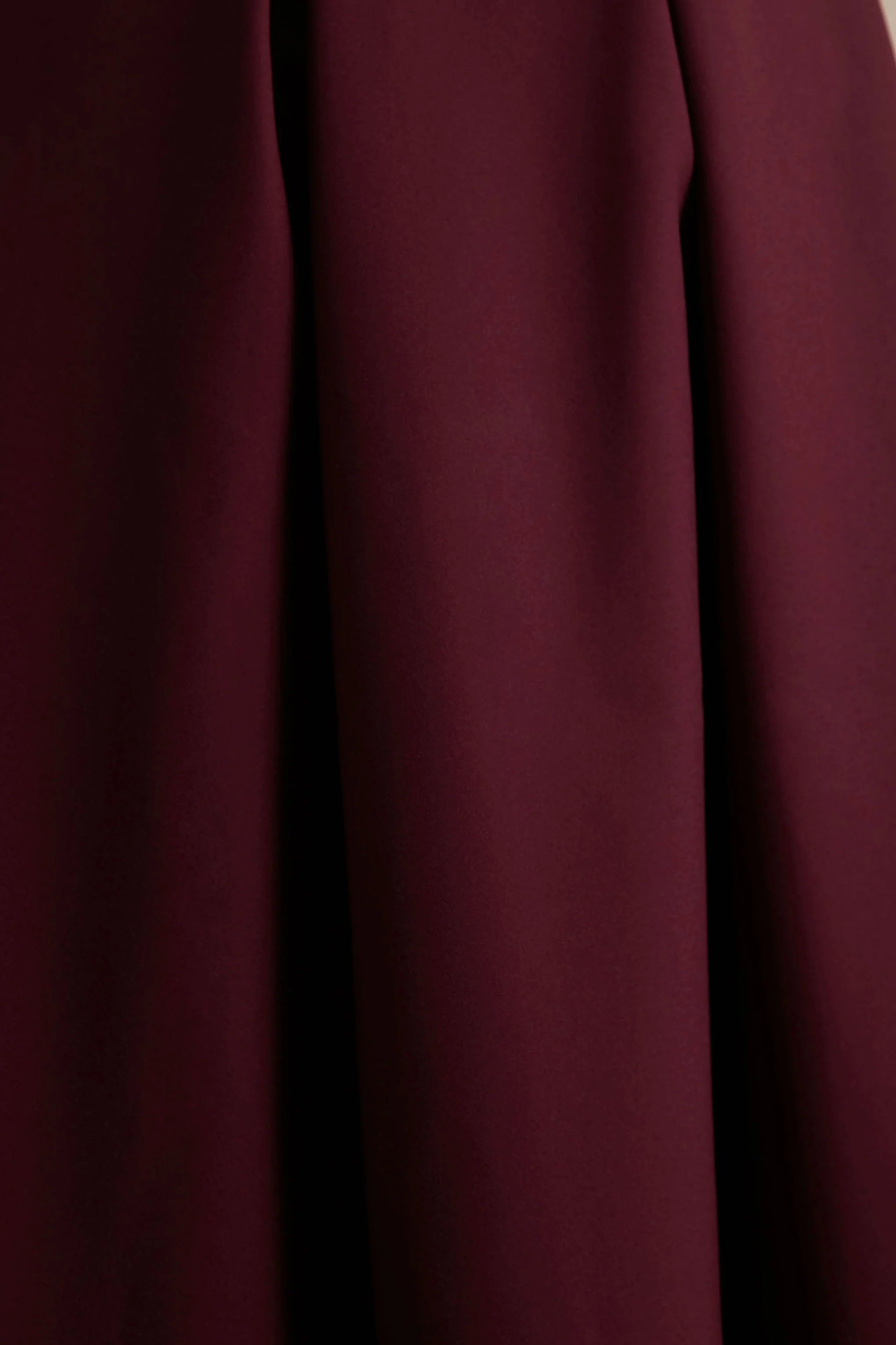 Thalia Burgundy High Neck Midi Dress With Sheer Mesh Cape