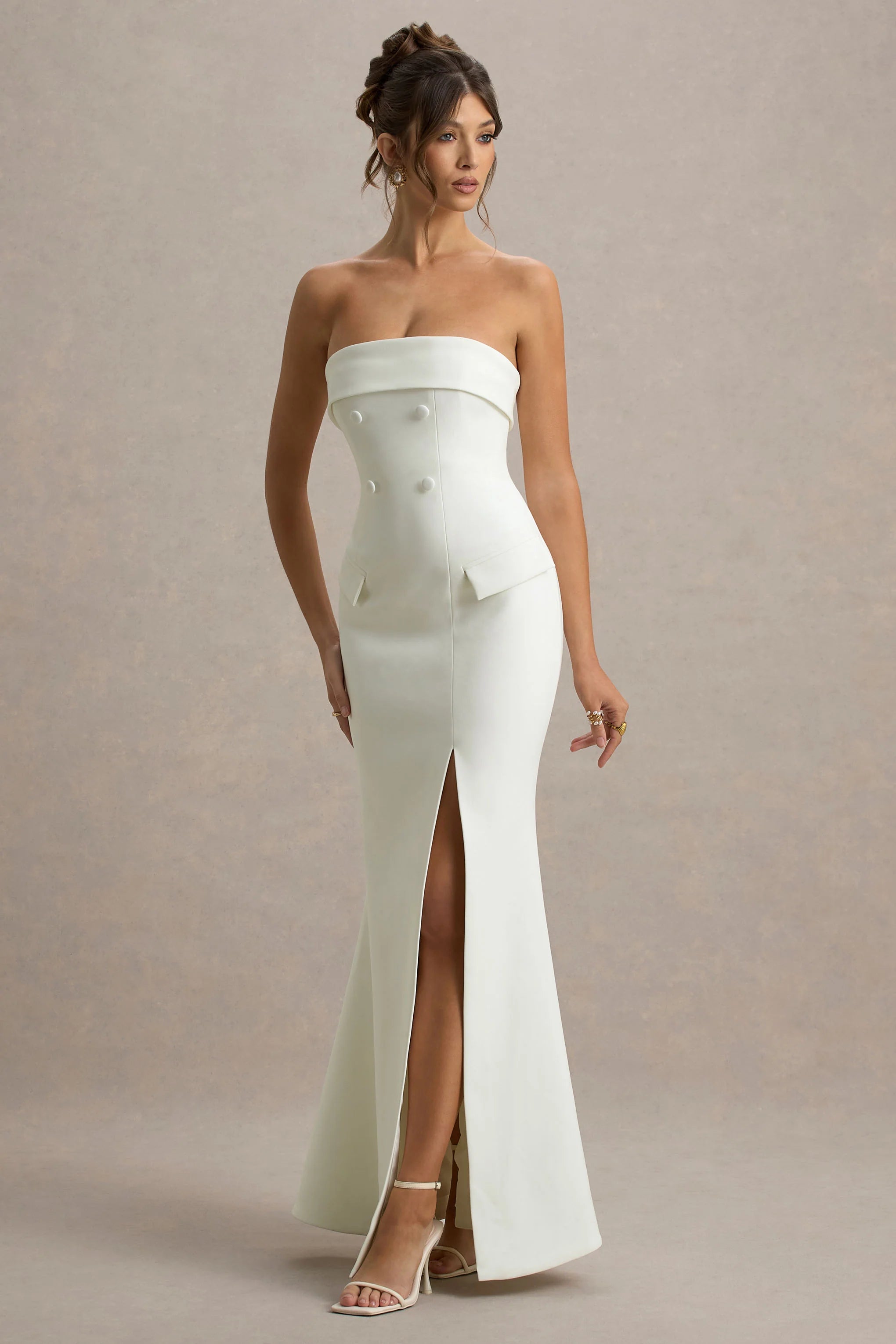 Lucia Cream Bandeau Tailored Maxi Dress With Split