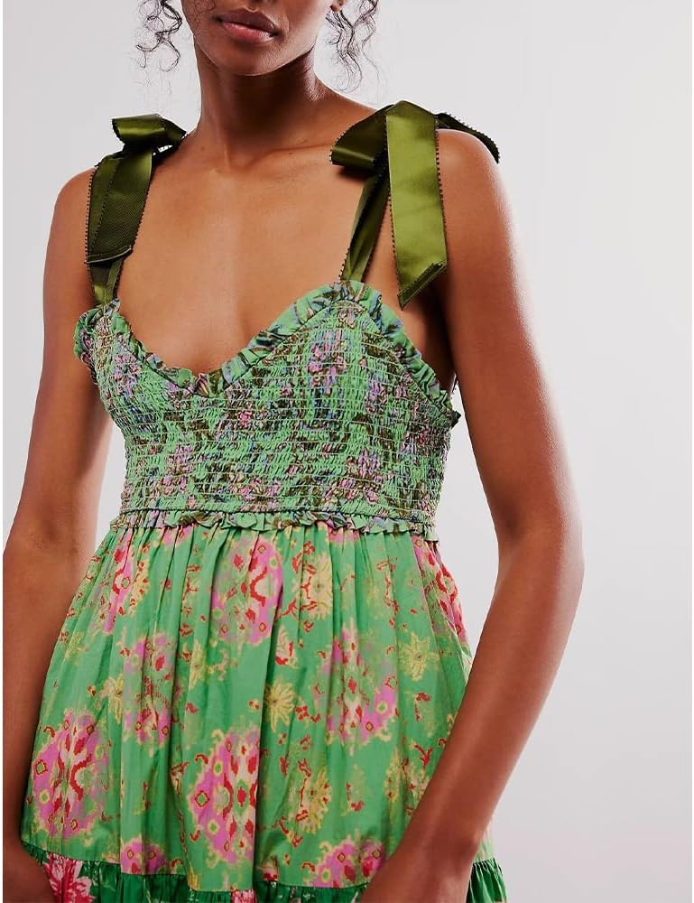 Women Floral Maxi Dress Tie Shoulder Patchwork Smocked Flowy Boho Dress with Pockets Summer Vacation Sundress