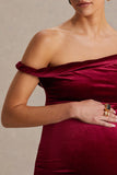 Tallulah Burgundy Velvet Asymmetric Neck Maternity Maxi Dress With Twist Sleeve