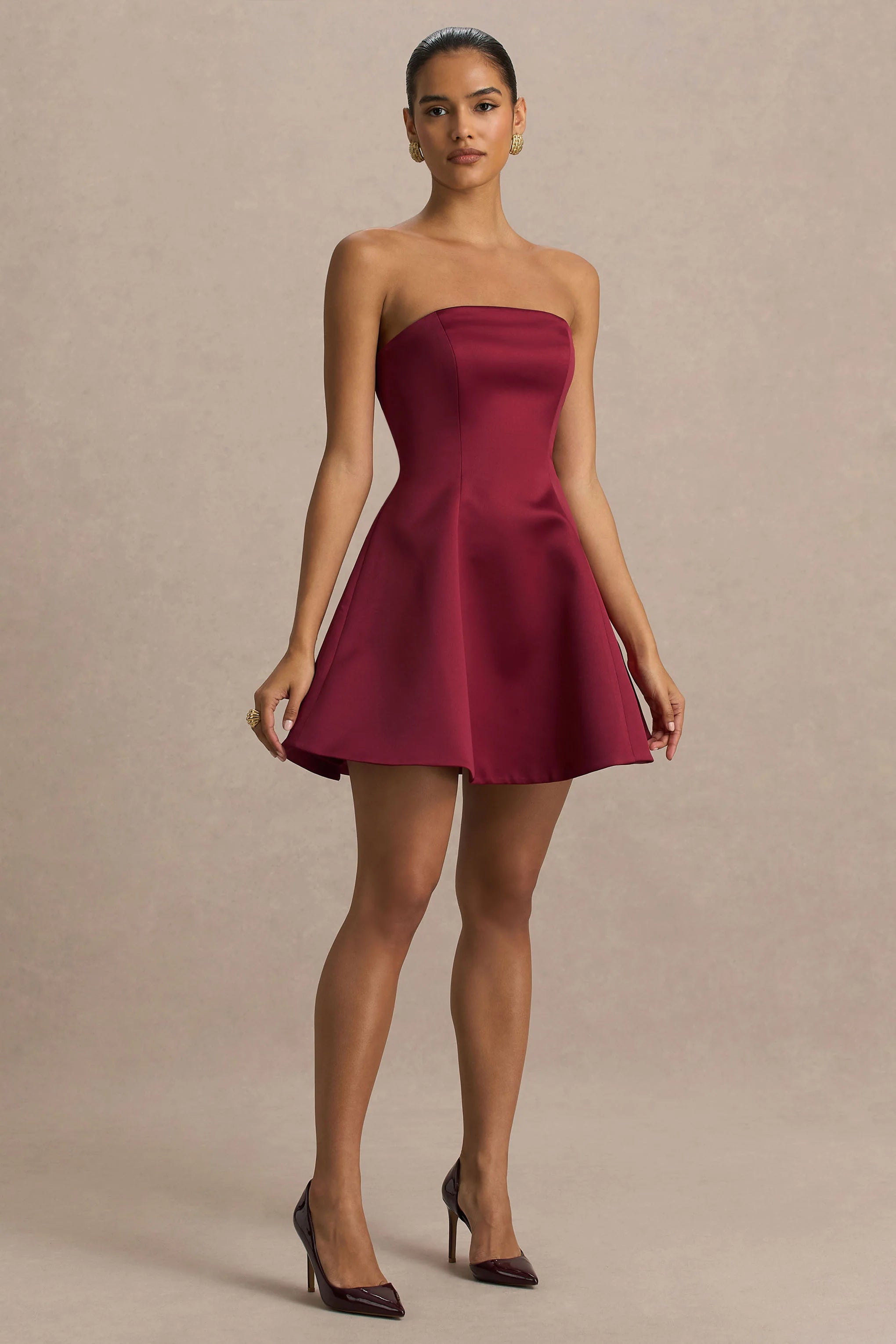 Lioray Burgundy Satin Bandeau Neck A Line Mini Dress