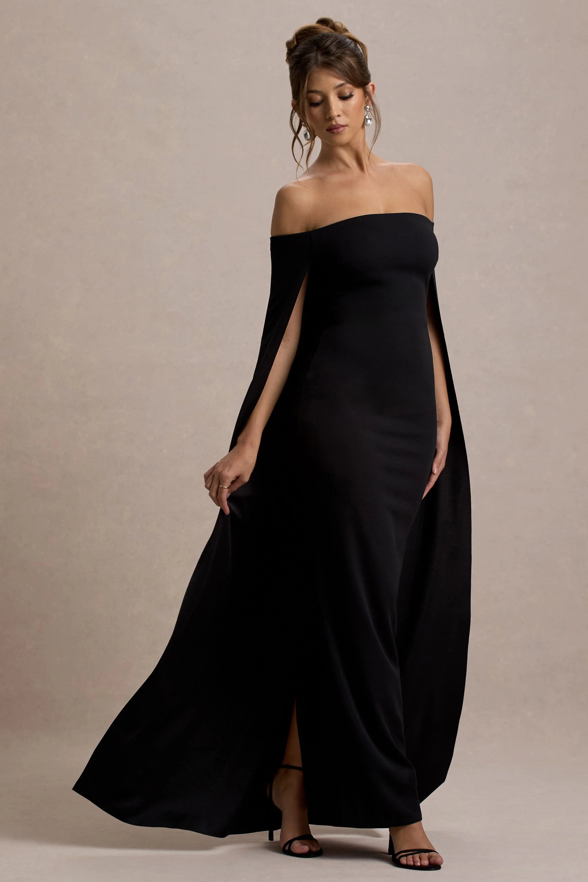Genovia Black Bardot Cape Maxi Dress