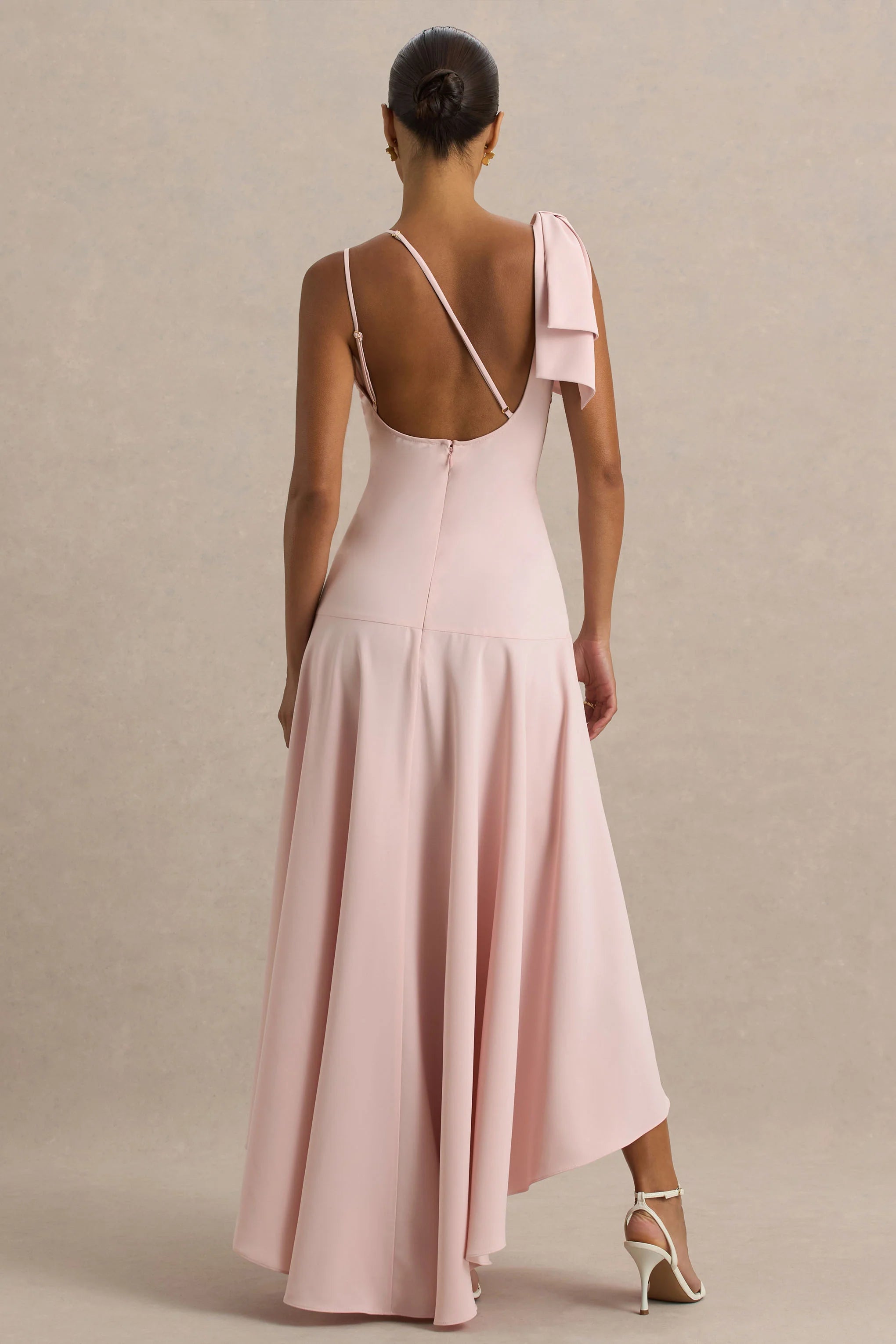 Julieta Baby Pink Asymmetric Neck Maxi Dress With Bow Detail And Open Back
