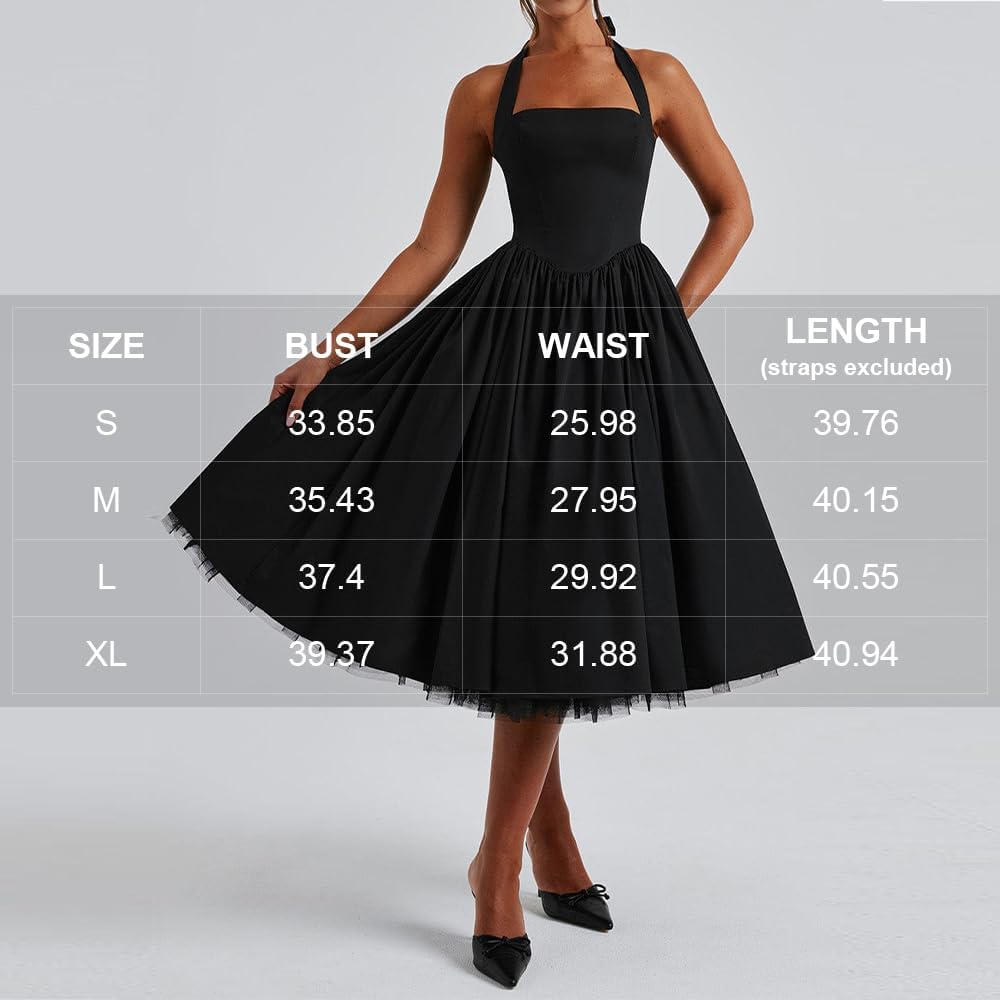 Women Halter Midi Dress Corset Back Layered Tulle Skirt A Line Formal Dresses Wedding Guest Bridal Shower
