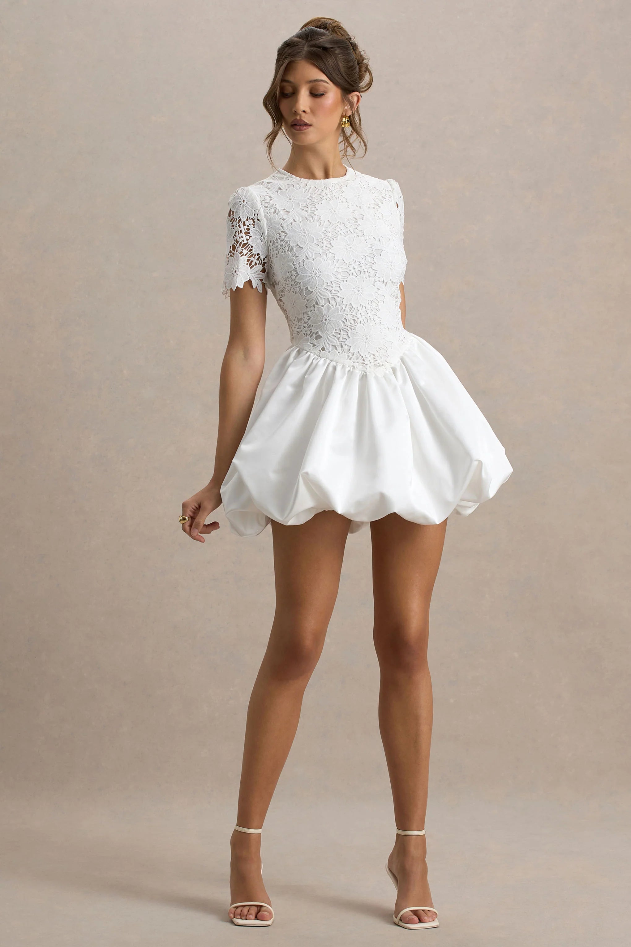 Taffy White Lace Mini Dress With Satin Puffball Skirt