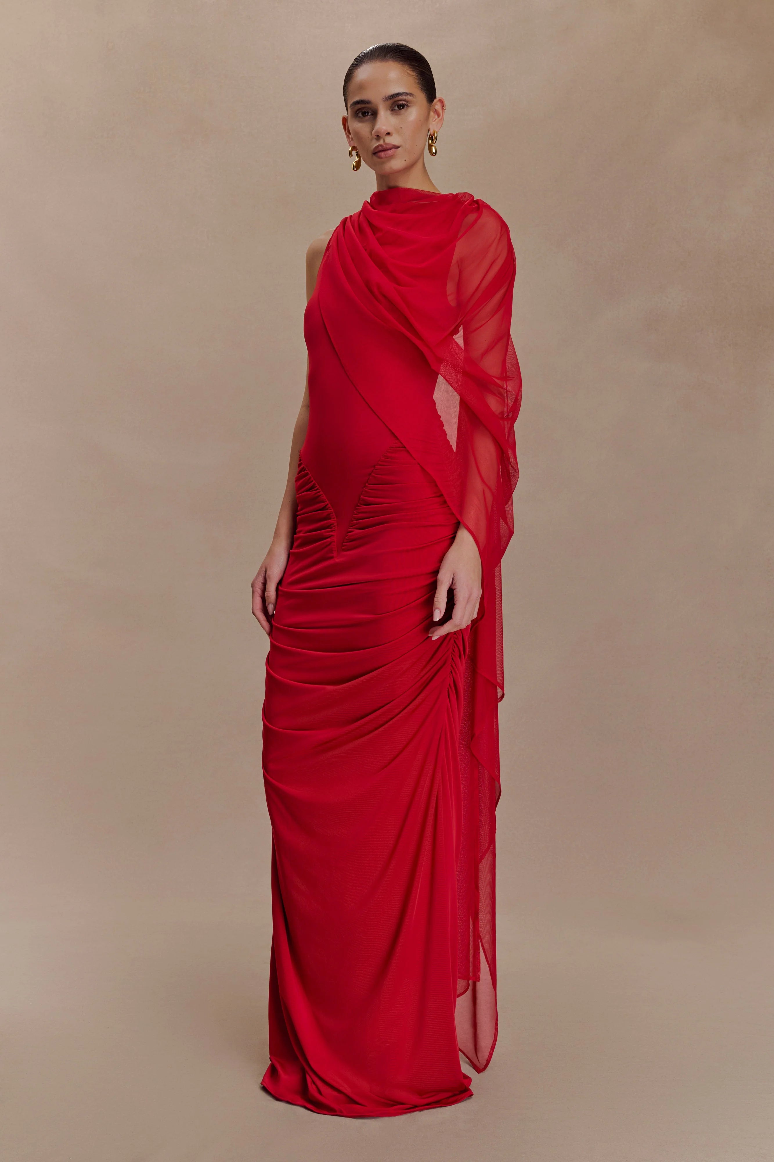 Amandine Ruched Slinky Maxi Dress Ruby