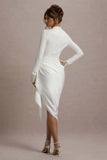 Luanna Ecru Satin Long Sleeve Midi Dress With Draped Skirt And Embellished Cuffs