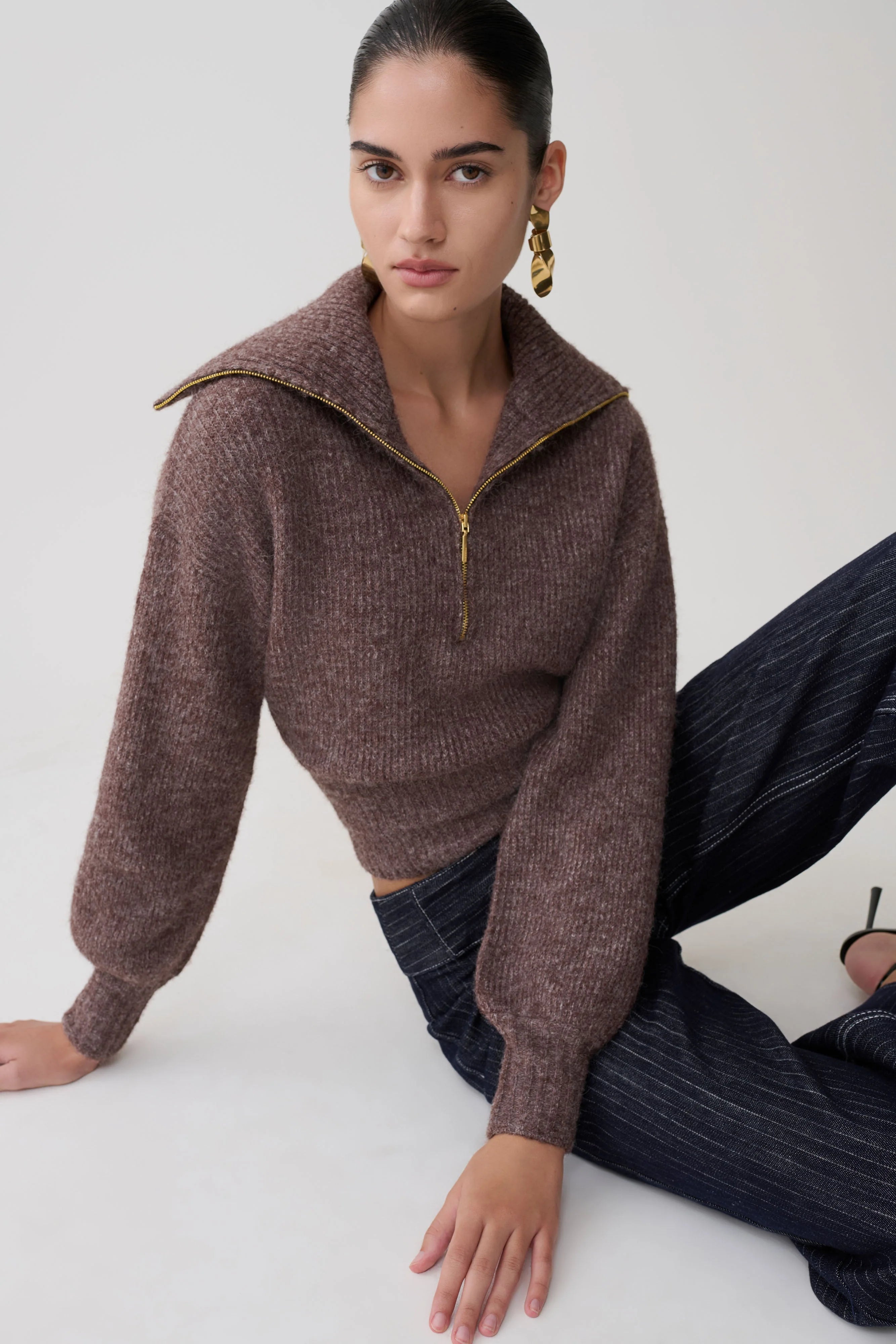 Skylaine Zip Knit Jumper Brown Marle