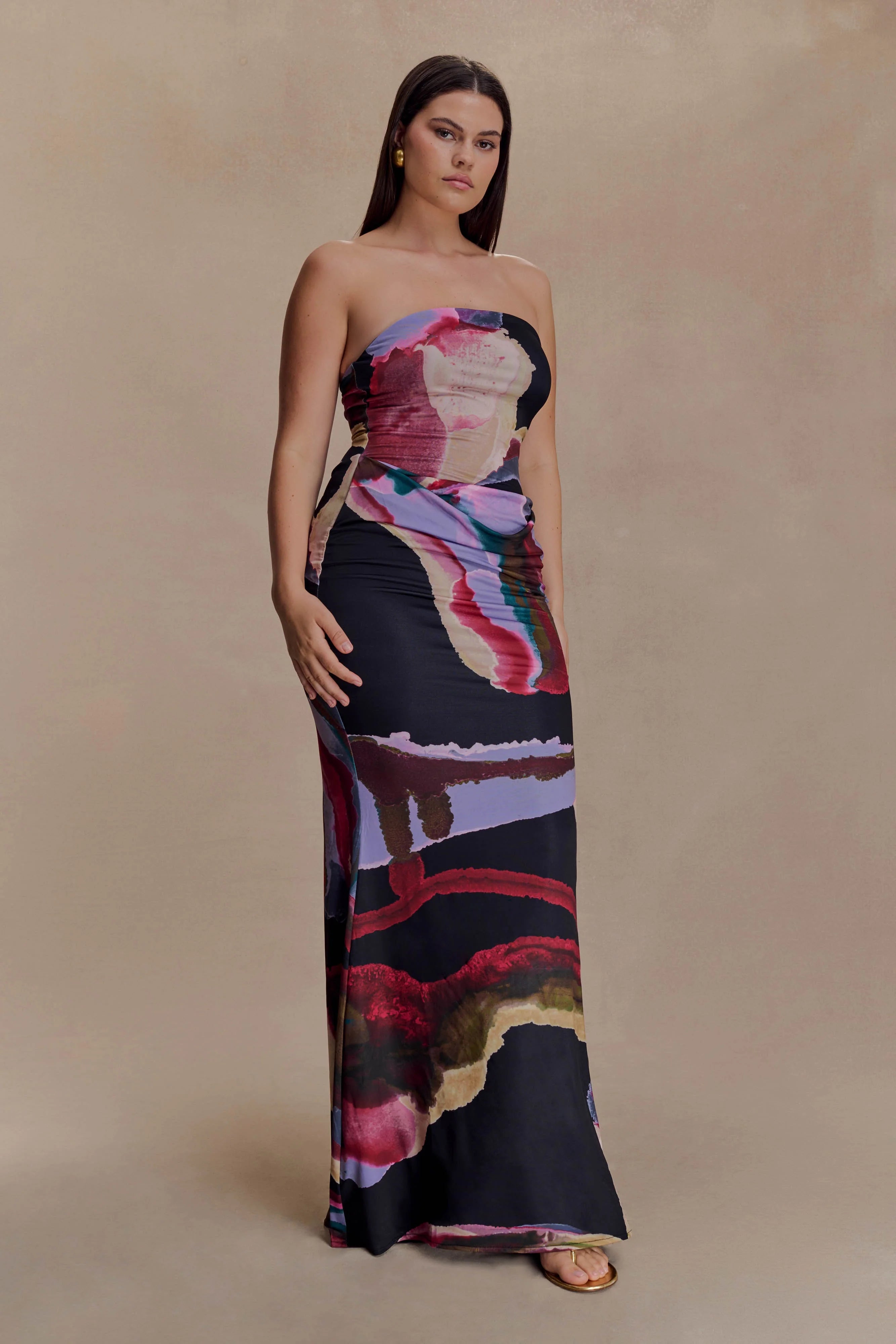 Madison Strapless Slinky Maxi Dress Multi Fluid Reverie Print