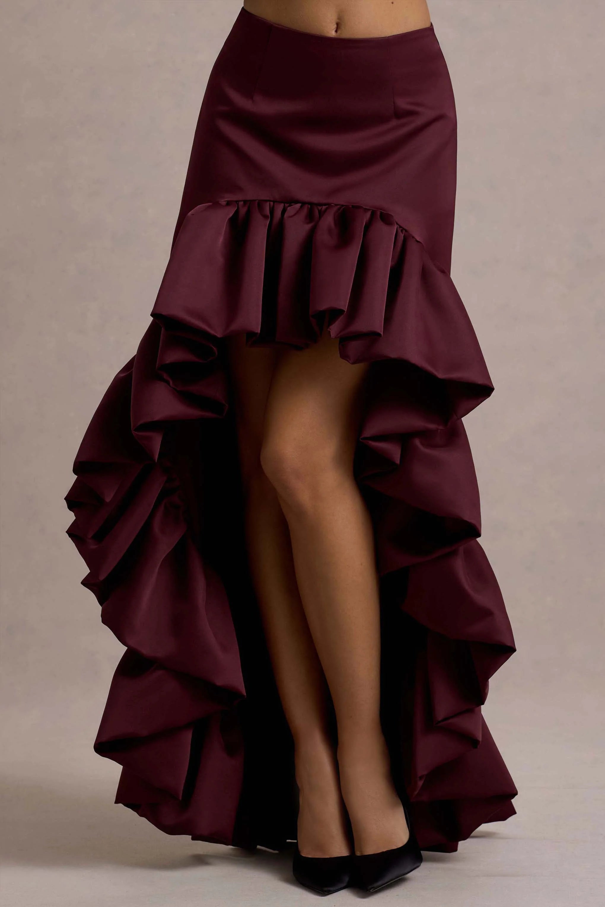 Ruby Merlot Satin High Low Maxi Skirt