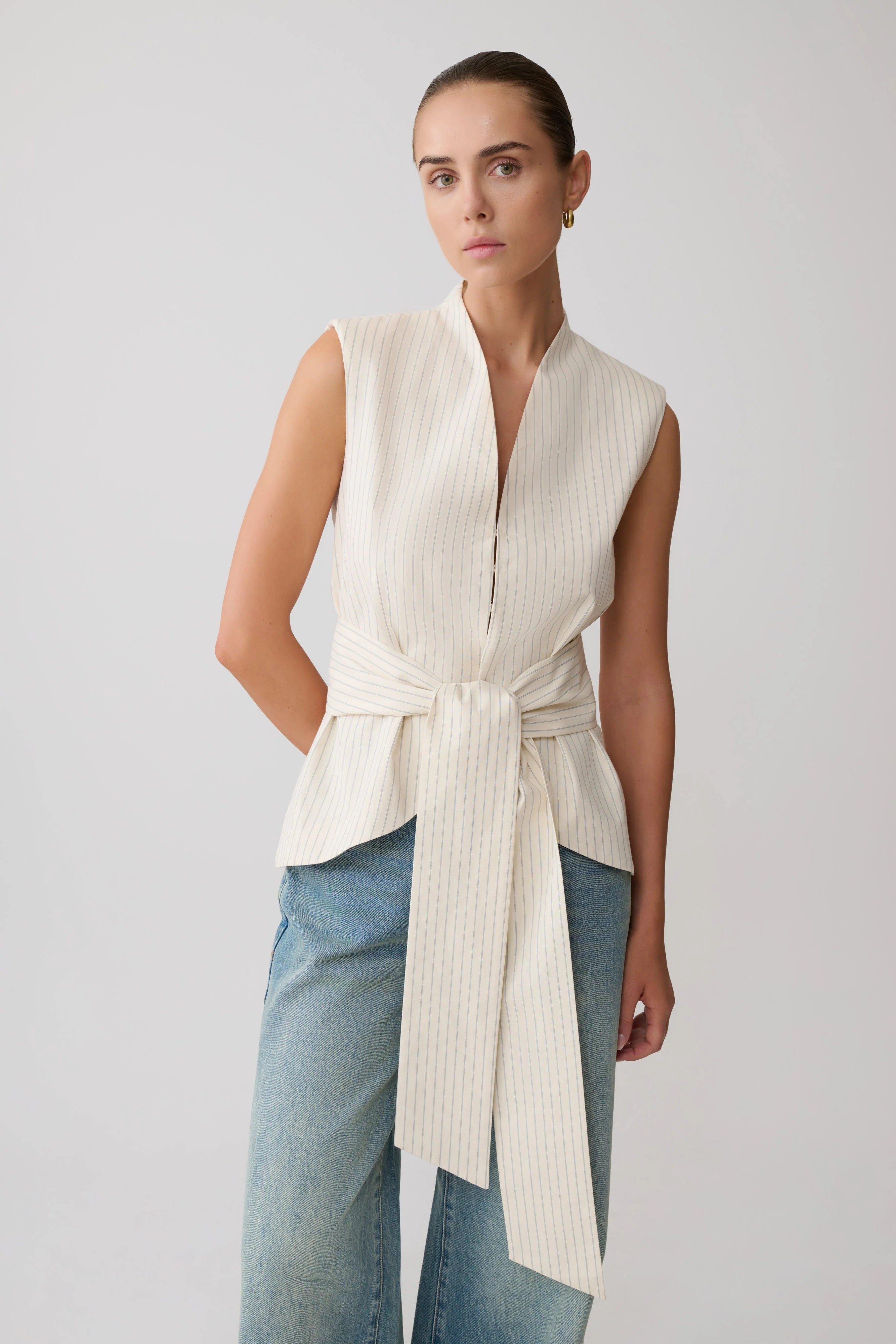 Alina Waist Tie Sleeveless Top Stripe