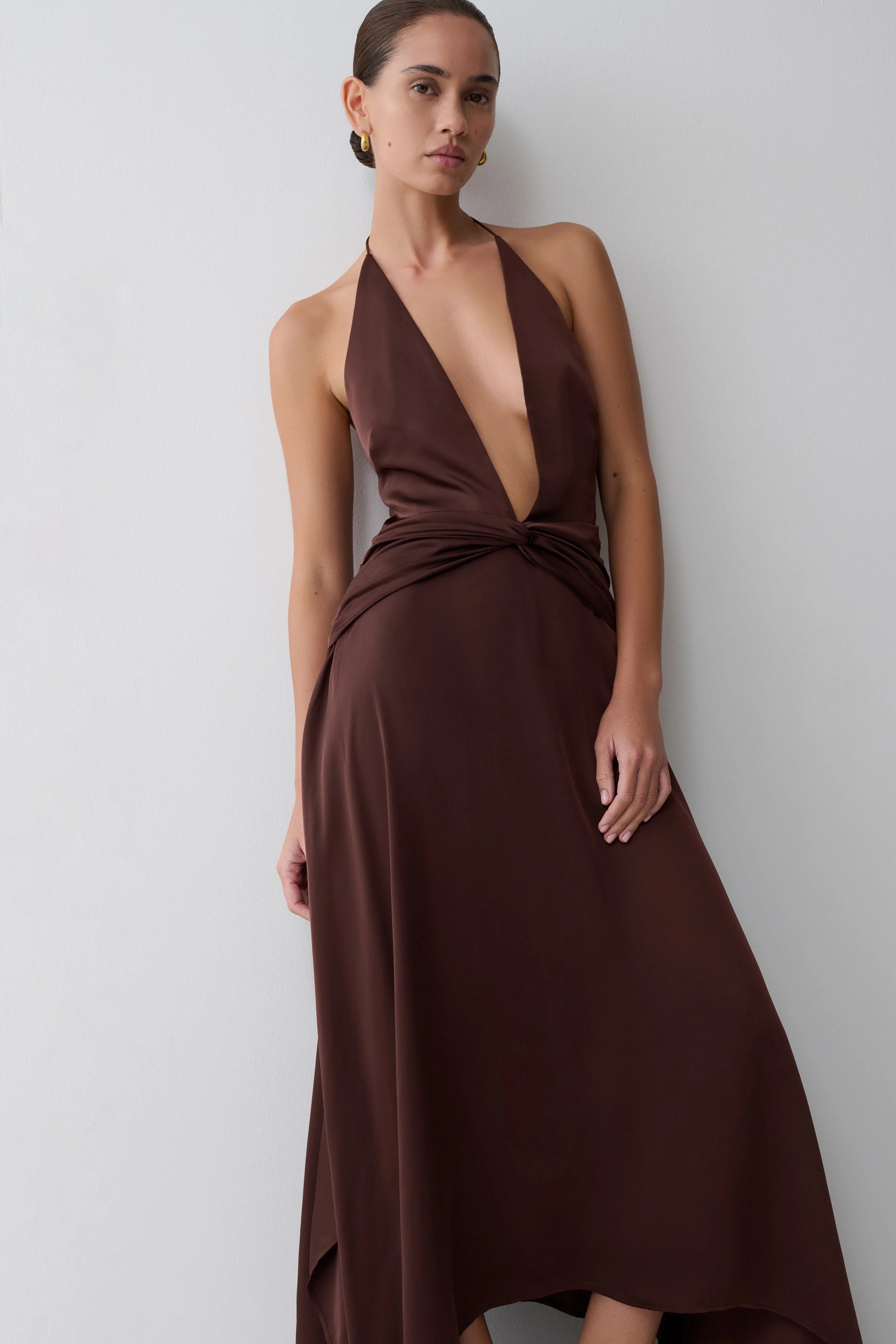 Cyra Plunge Satin Midi Dress Dark Chocolate