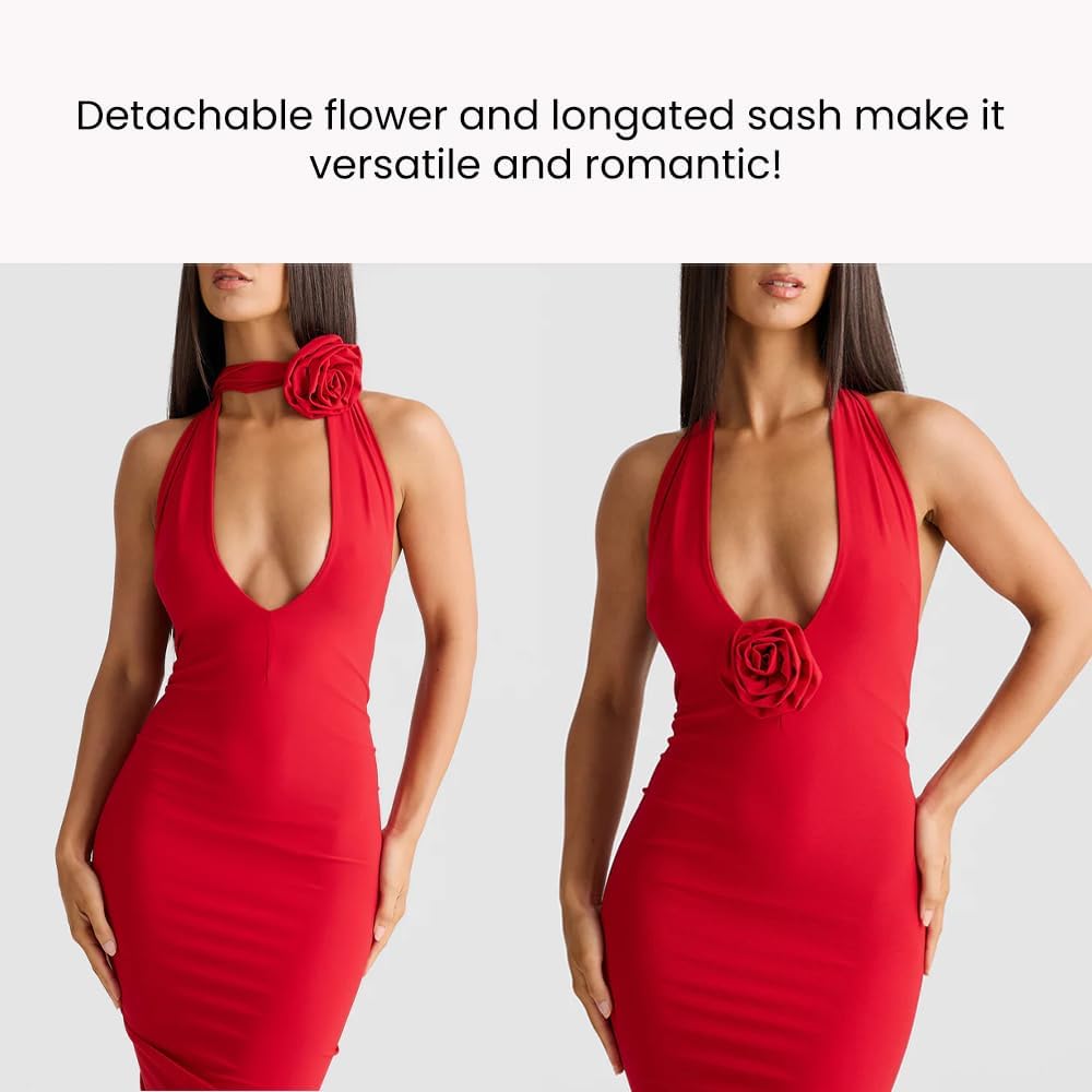 Women Sexy Backless Dress Halter Deep V Neck Detachable Flower Sleeveless Open Back Maxi Dress Cocktail Prom Formal Dresses