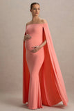 Radiance Coral Bardot Maternity Maxi Dress With Cape
