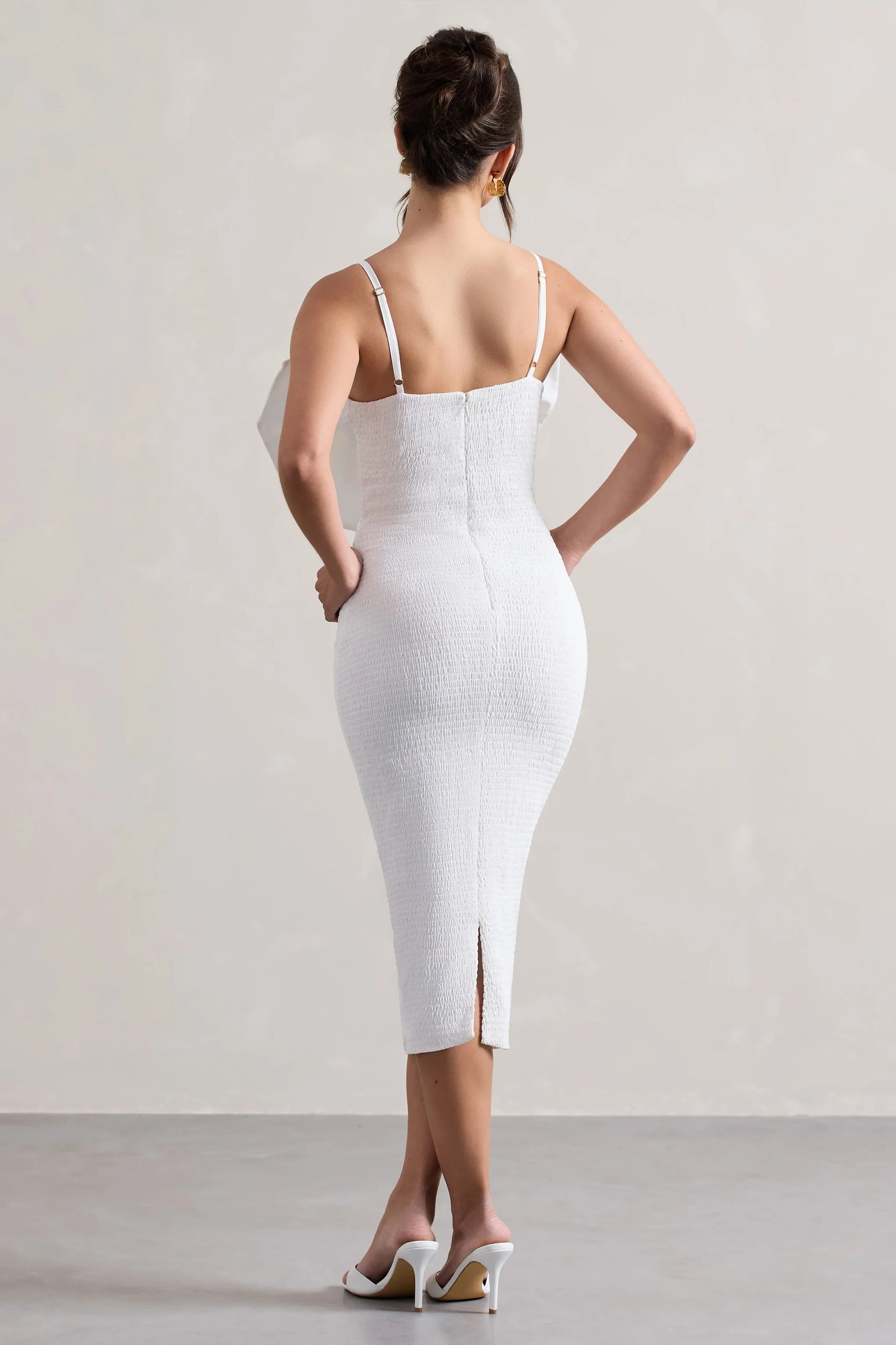 Love Poem White Bodycon Midi Dress With Oversized Bow