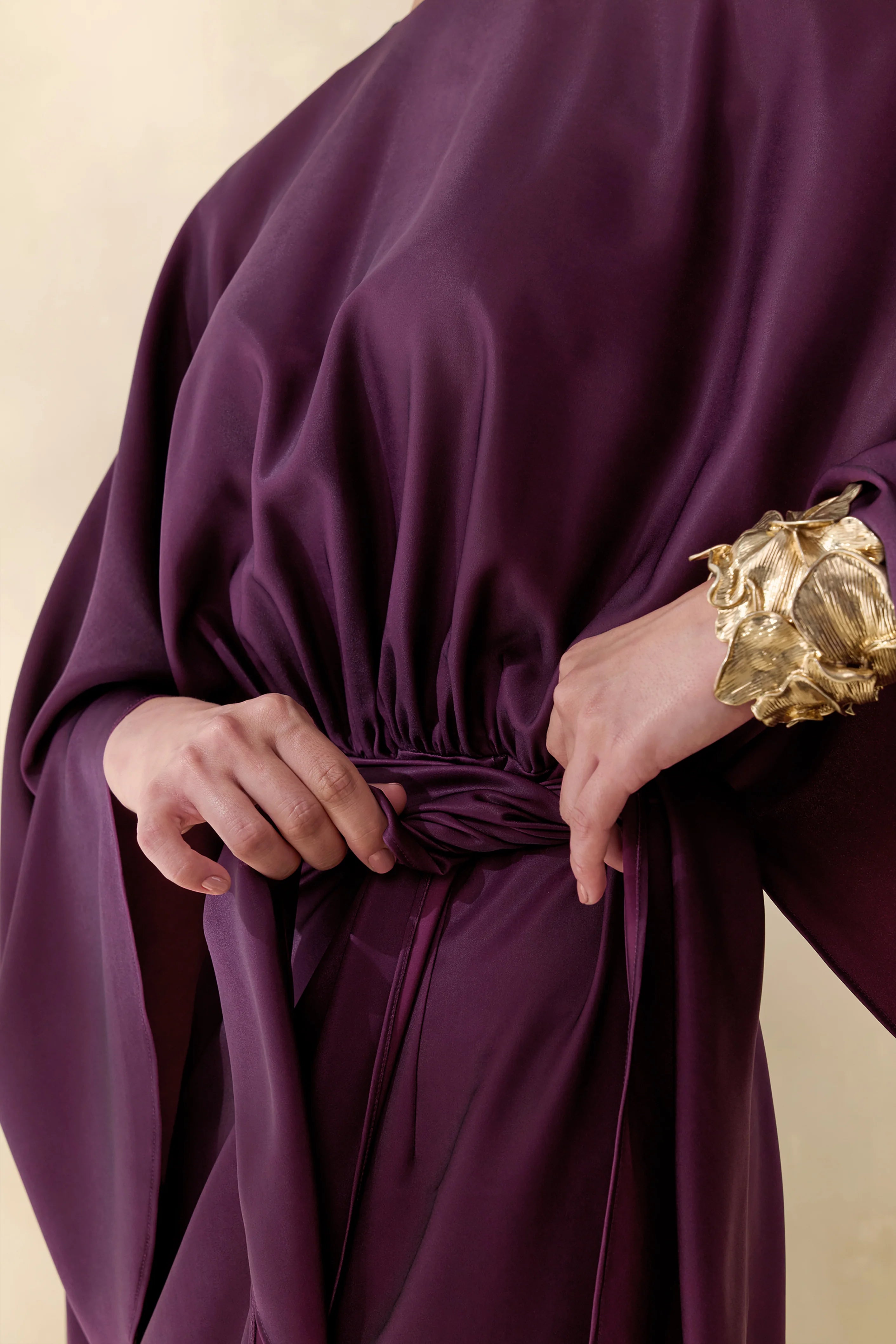 Delphina Plum Satin Maxi Dress With Gathered And Knot Detail
