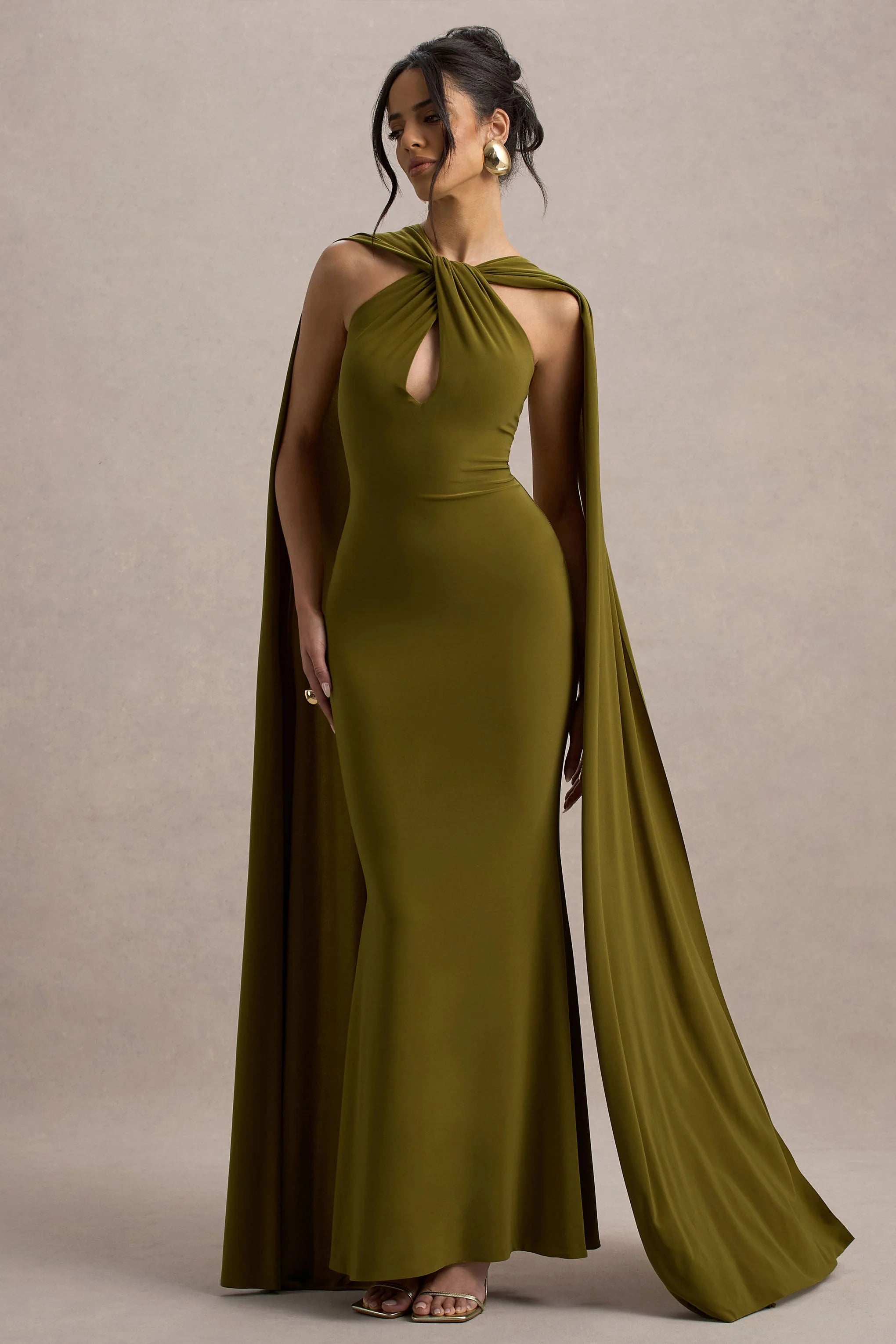 Rhoda Green Twist Halter Neck Cape Maxi Dress