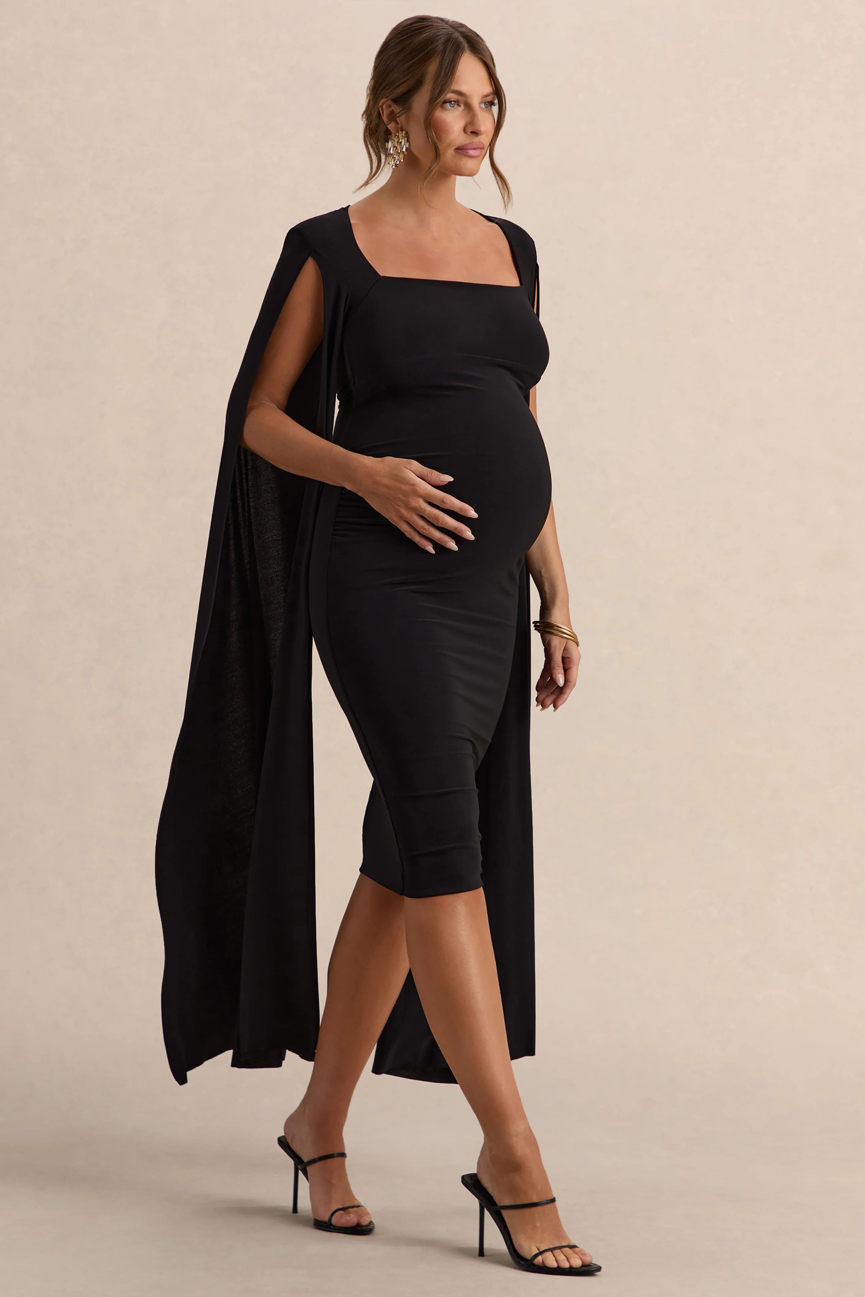 Flawless Black Square Neck Maternity Midi Dress With Cape Sleeves