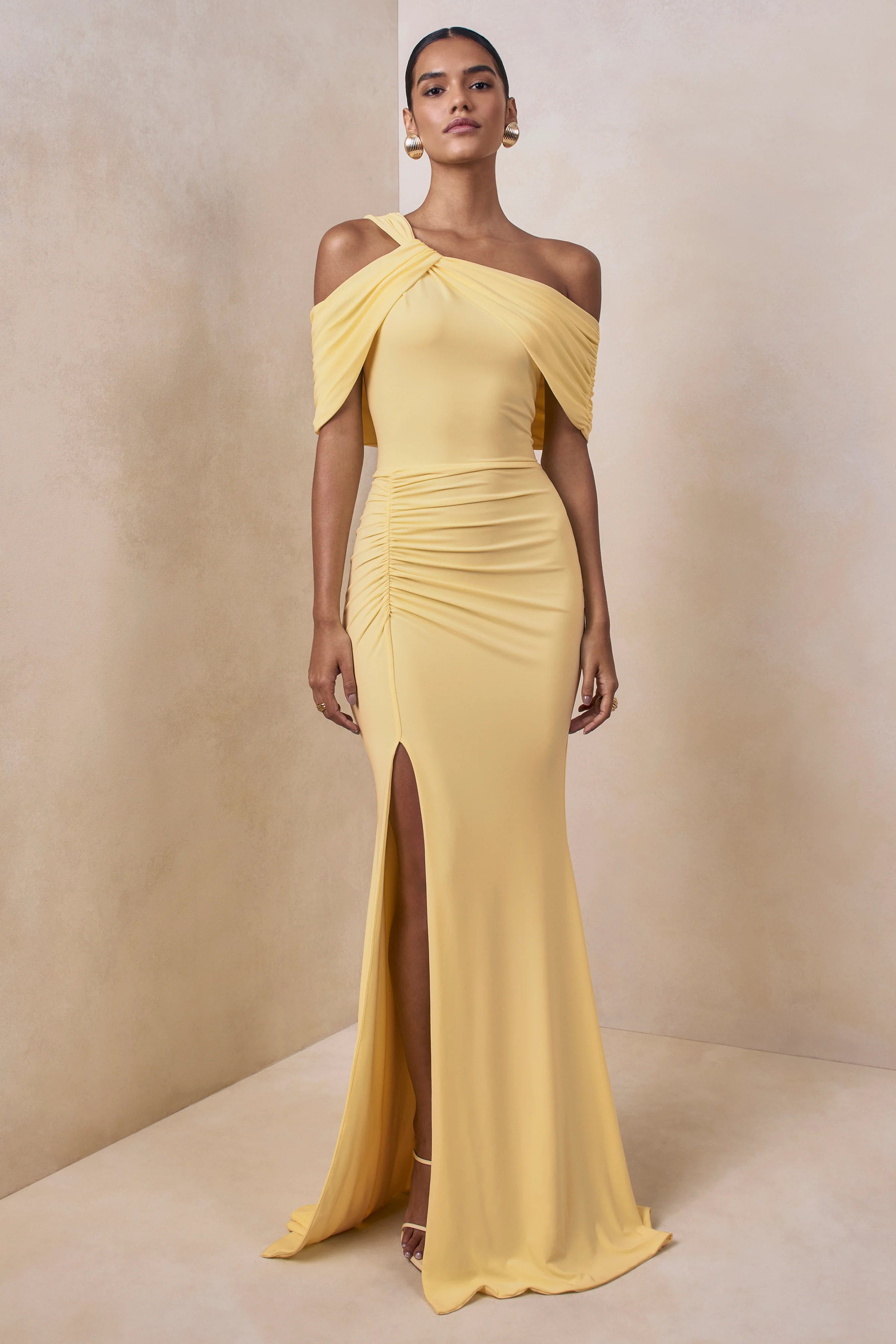 Nala Lemon Asymmetric Neck Maxi Dress With Gathered Detailing