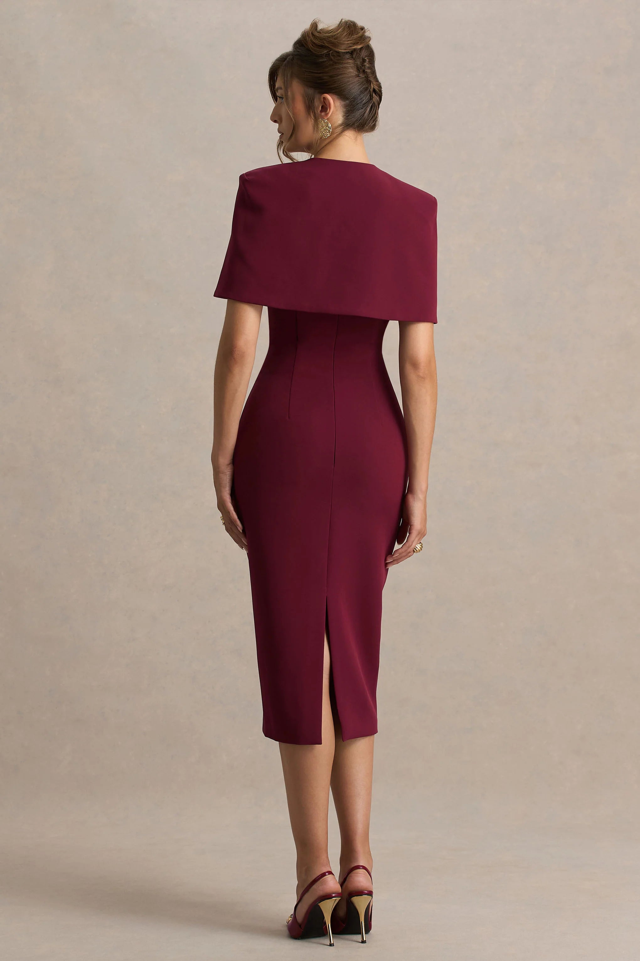 Baylor Burgundy Midi Dress With Removable Cape