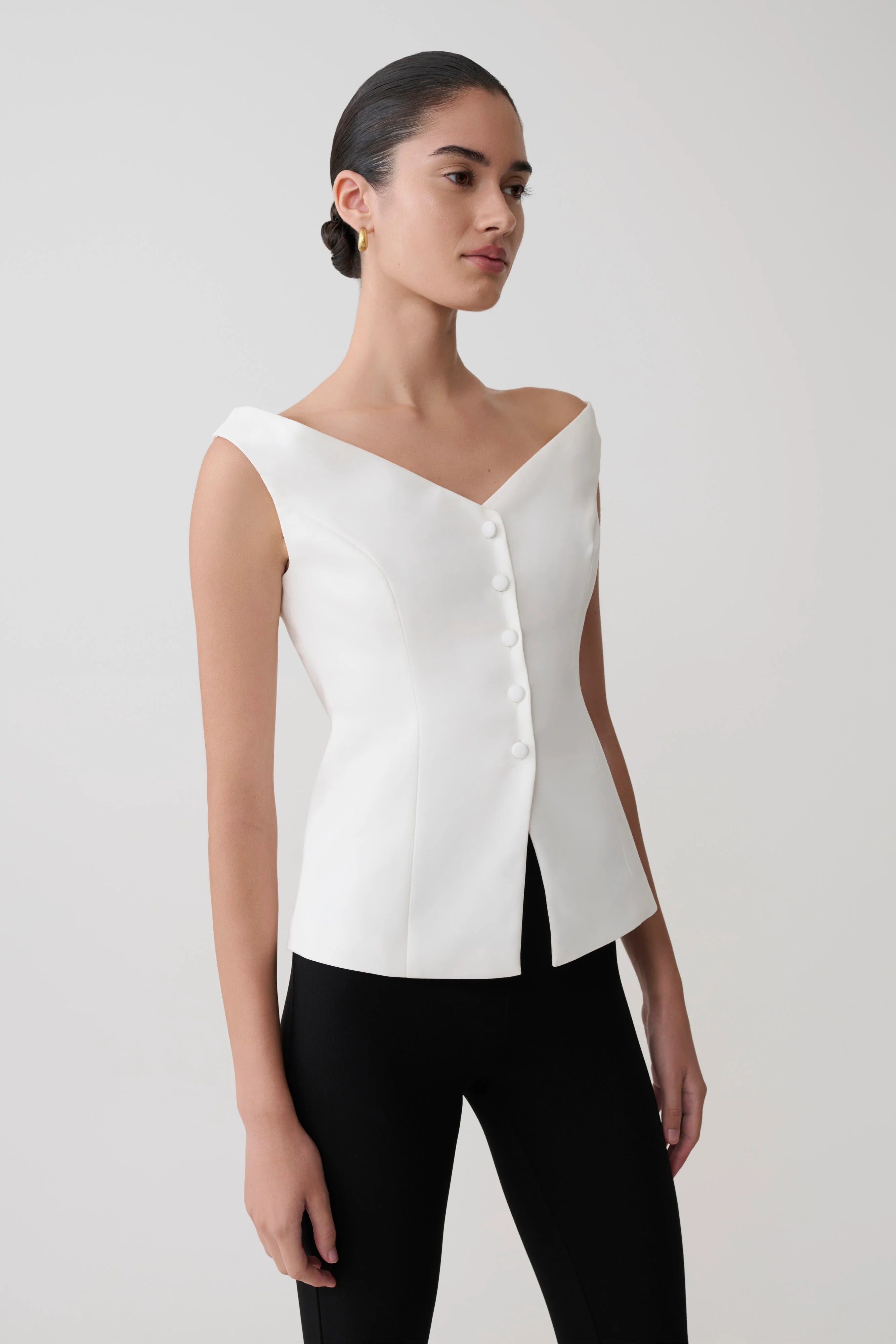 Billie Off Shoulder Sleeveless Button Top White