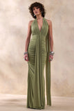 Roselani Olive Halter Neck Maxi Dress With Open Back