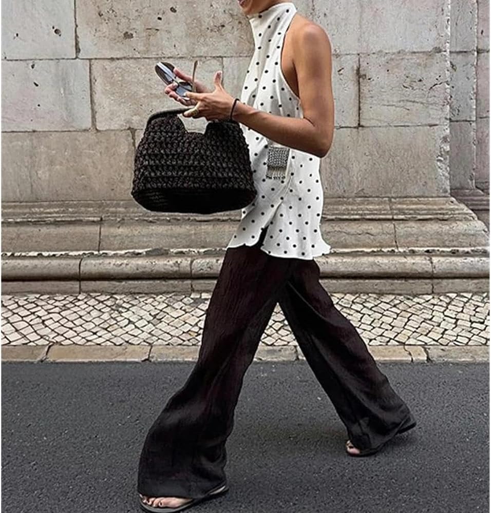 Women Polka Dot Satin Halter Top Backless Side Slit Tank Tops Going Out Clubwear