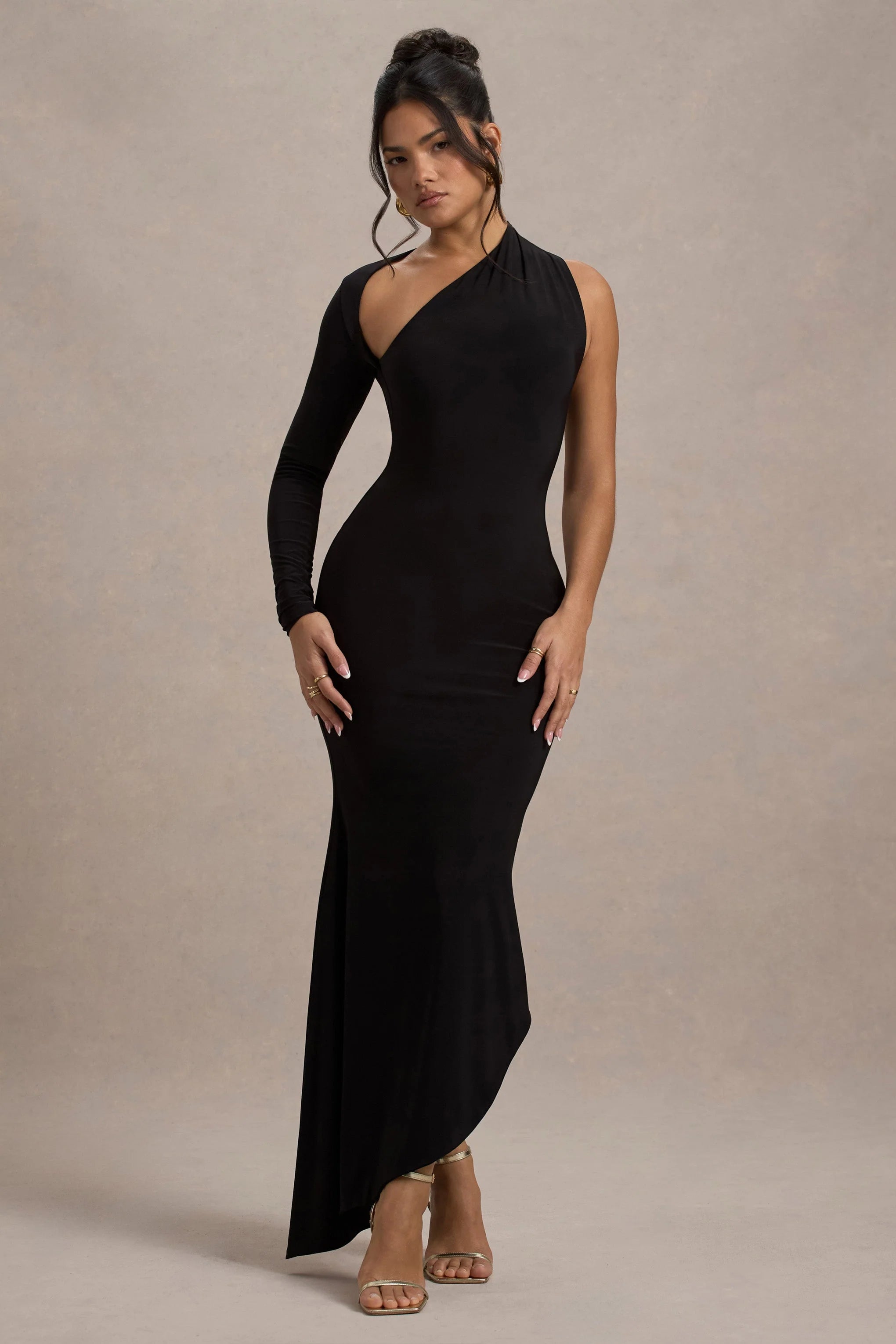 Orsa Black One Shoulder Asymmetric Maxi Dress