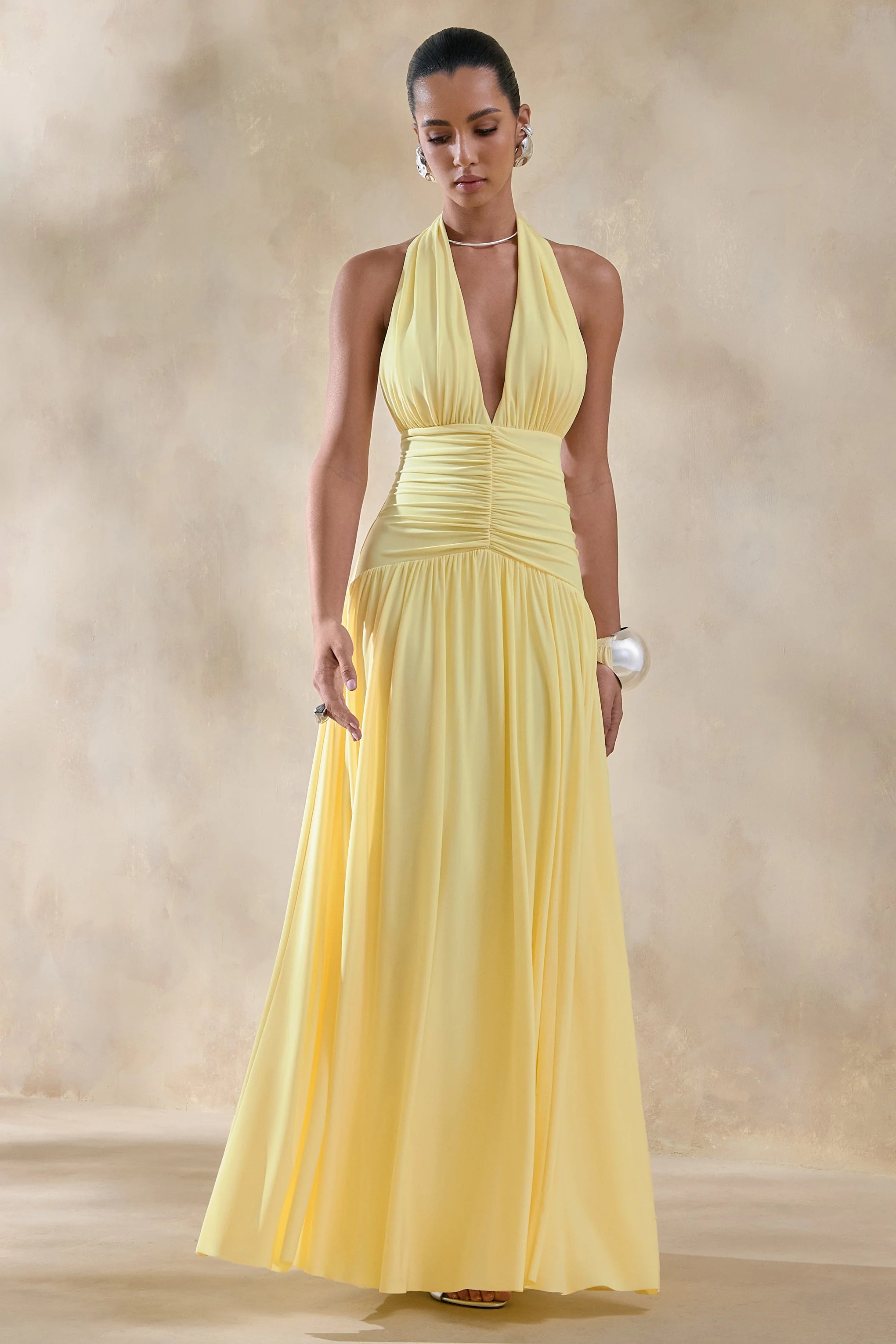 Bettina Lemon Plunge Neck Maxi Dress With Gathered Detailing