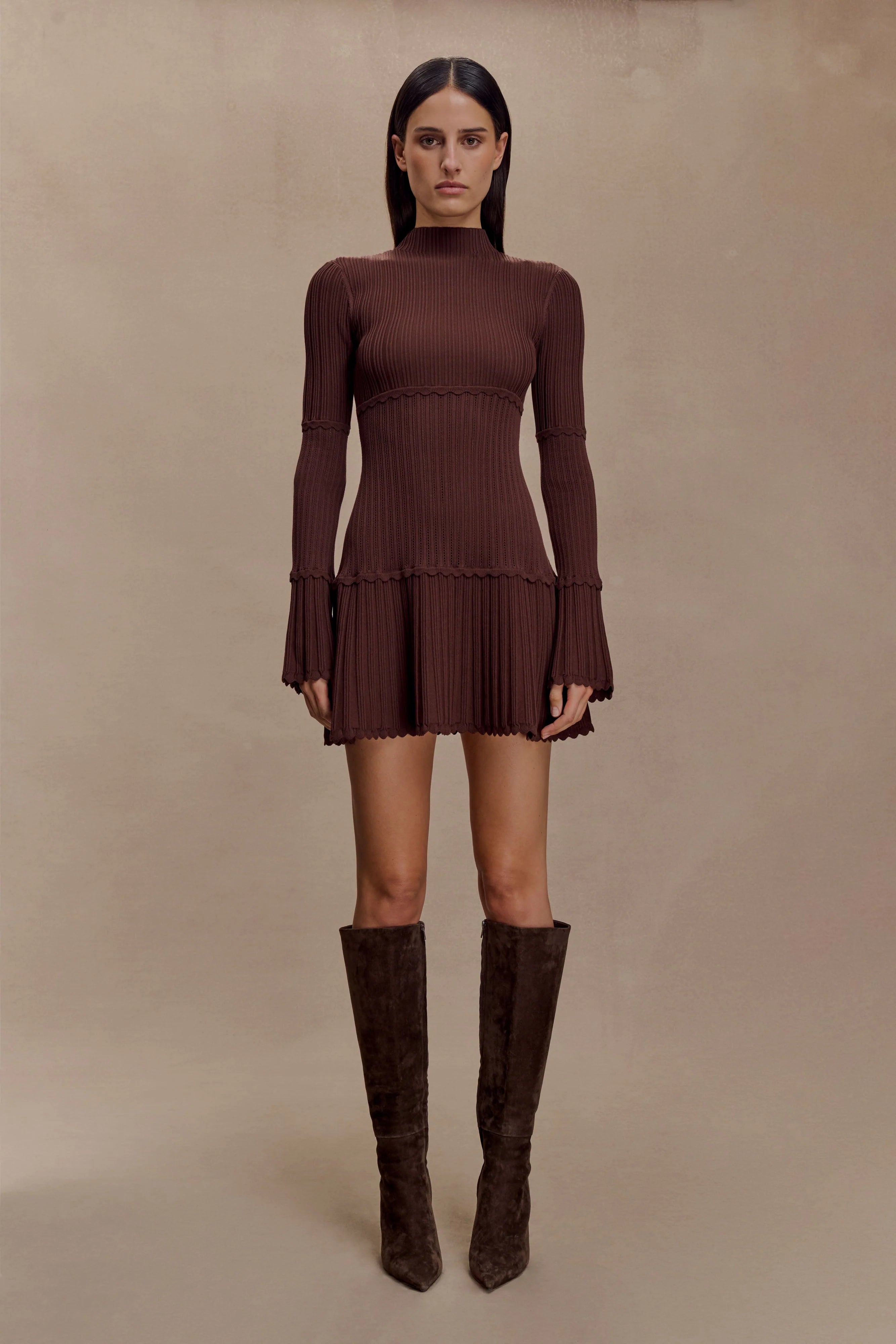Adena Pointelle Knit Mini Dress Chocolate
