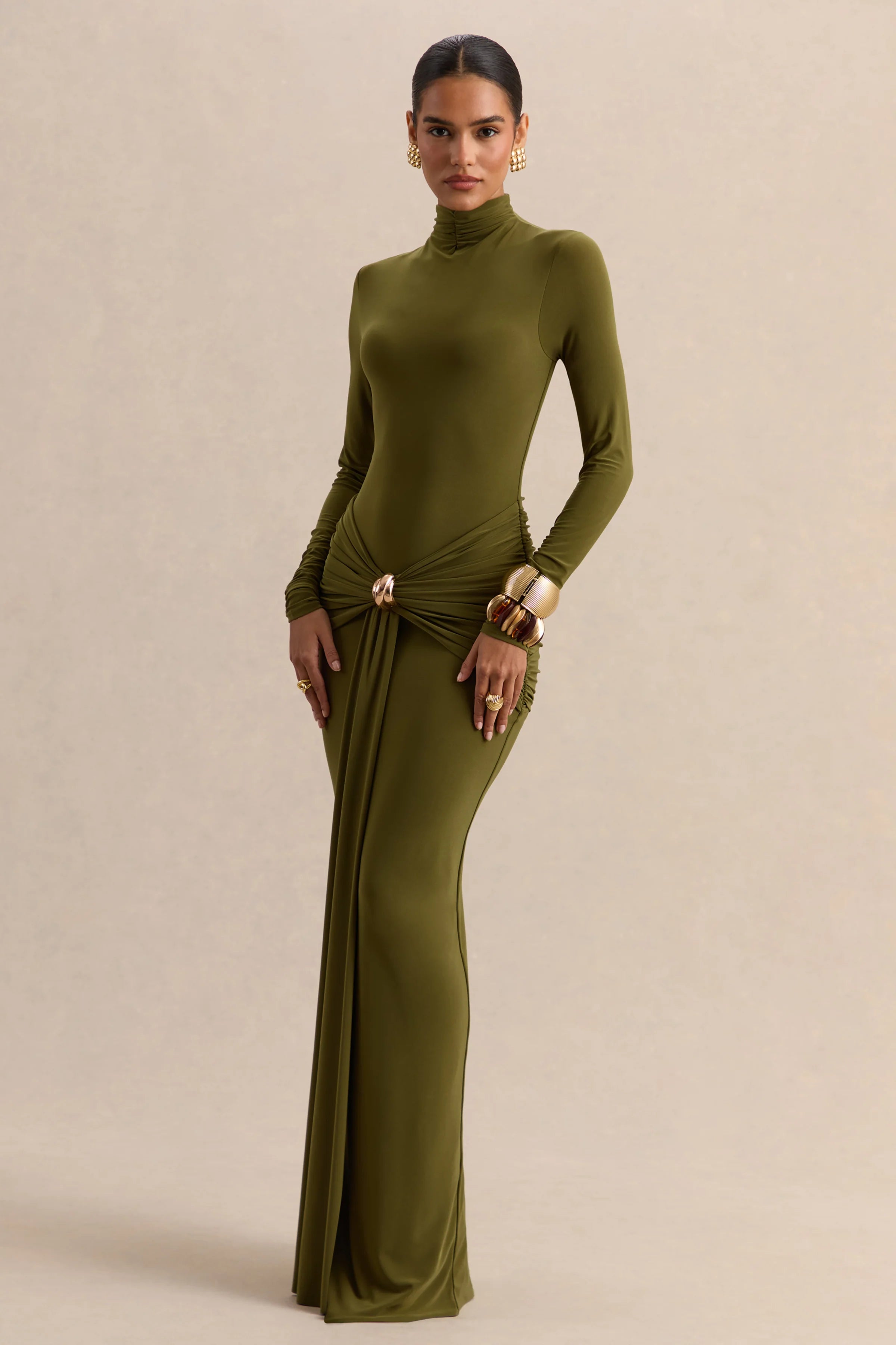 Ambrette Olive High Neck Maxi Dress With Gathered Detailing