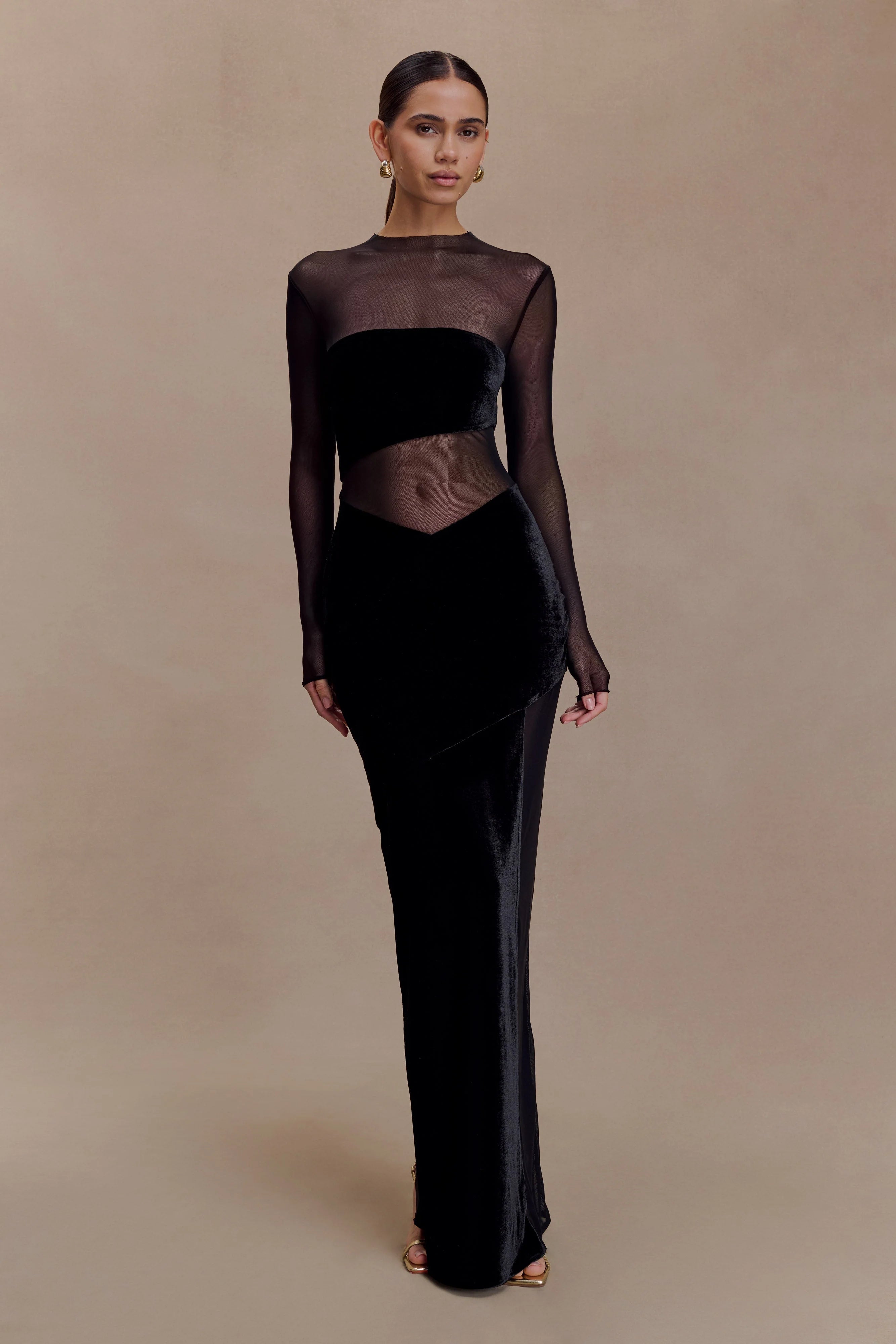 Davina Velvet And Mesh Maxi Dress Black