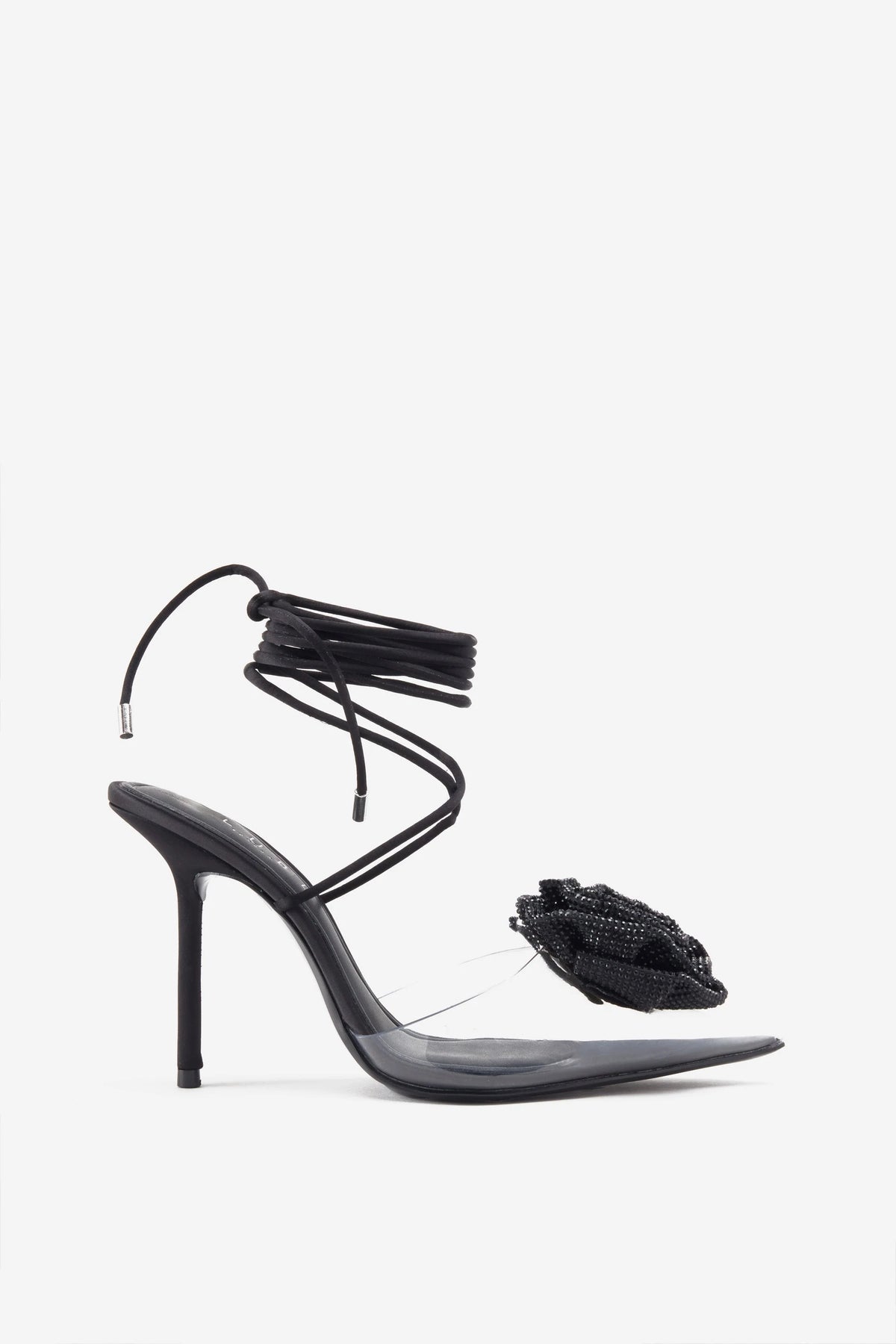 Sharpened Black Lace Up Clear Stiletto Heels With Diamante Flowers