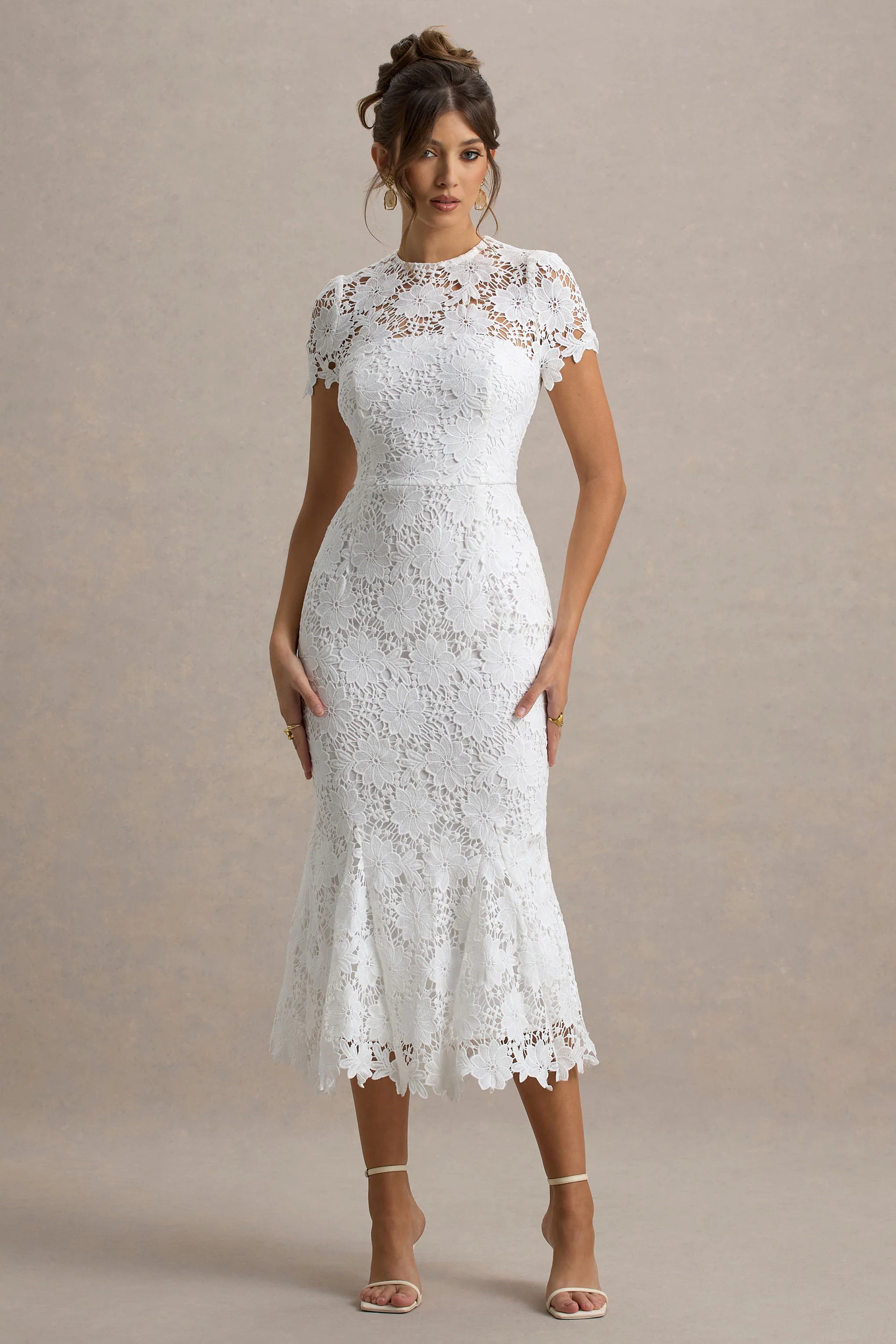 Clarissa White Lace Short Sleeve Midi Dress