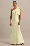 Valerie Lemon Satin Asymmetric Neck Maxi Dress With Bow Detail