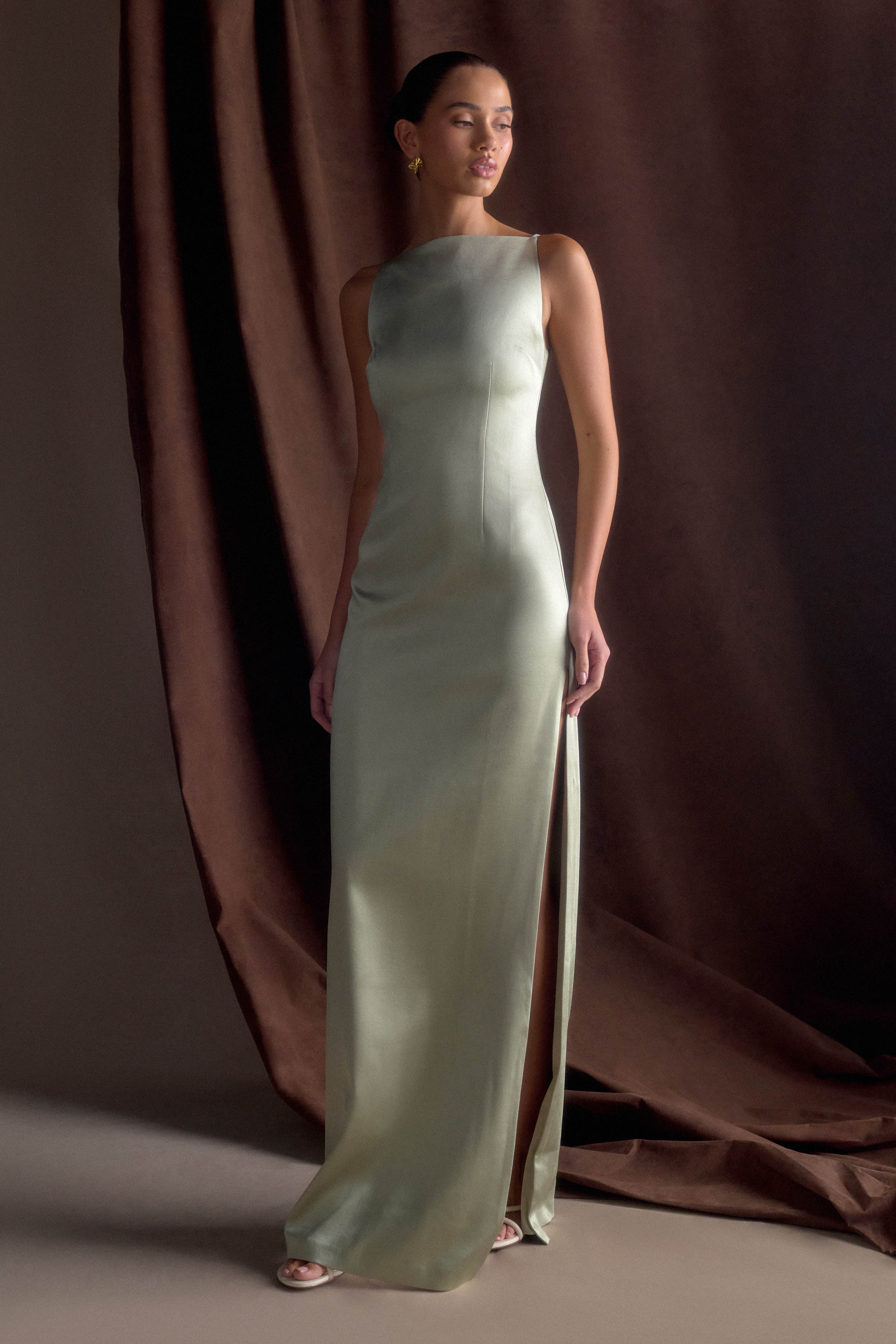 Violet Sleeveless Satin Maxi Dress Sage