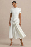 Vicky White High Neck Midi Dress With Puff Sleeves