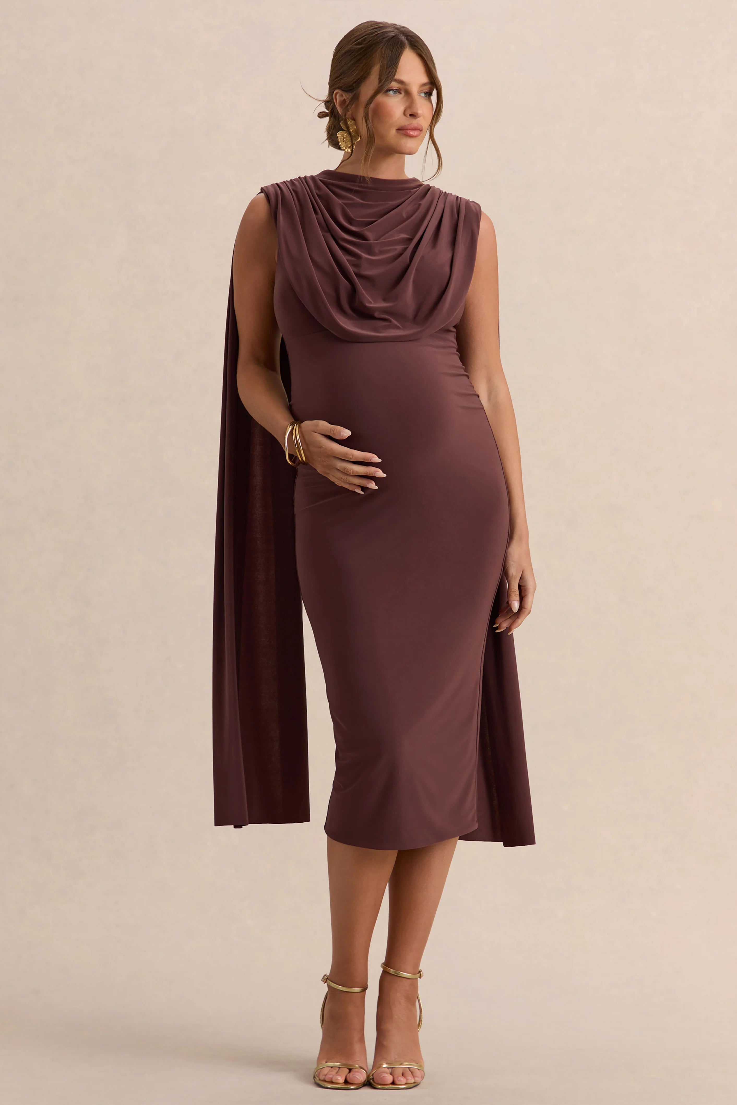 Milaine Dark Brown Round Neck Maternity Midi Dress With Cape Sleeves