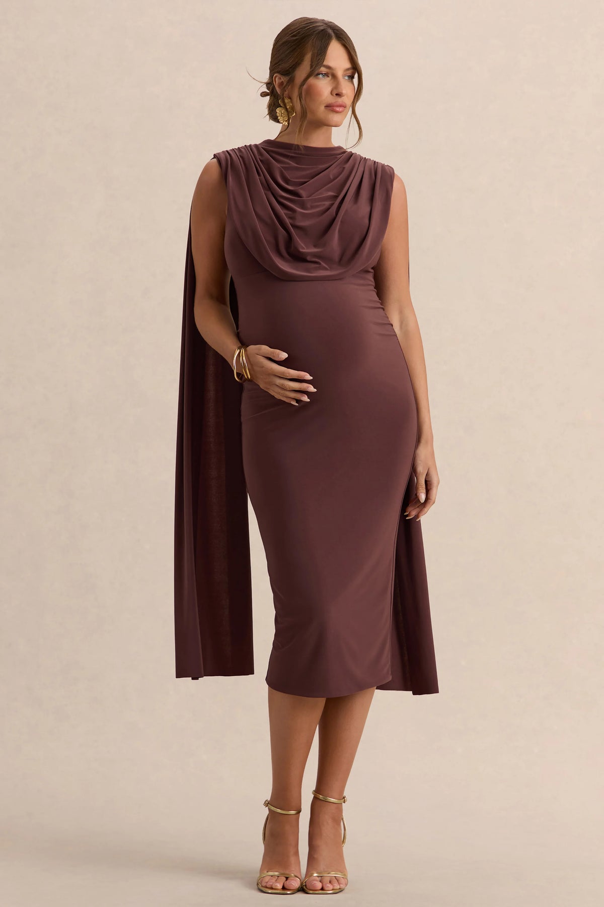 Milaine Dark Brown Round Neck Maternity Midi Dress With Cape Sleeves