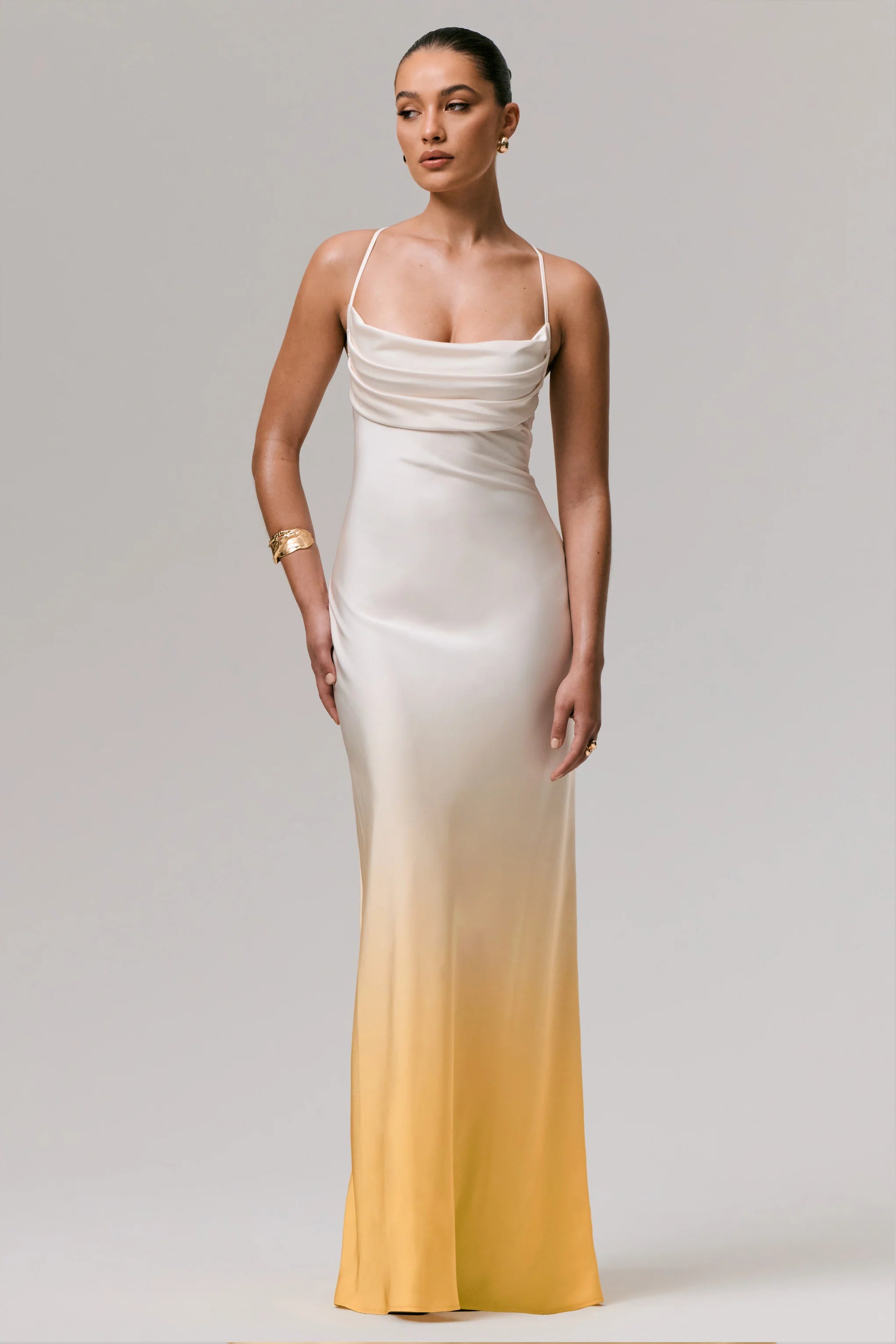 Lucie Yellow Ombre Satin Cowl Neck Maxi Dress