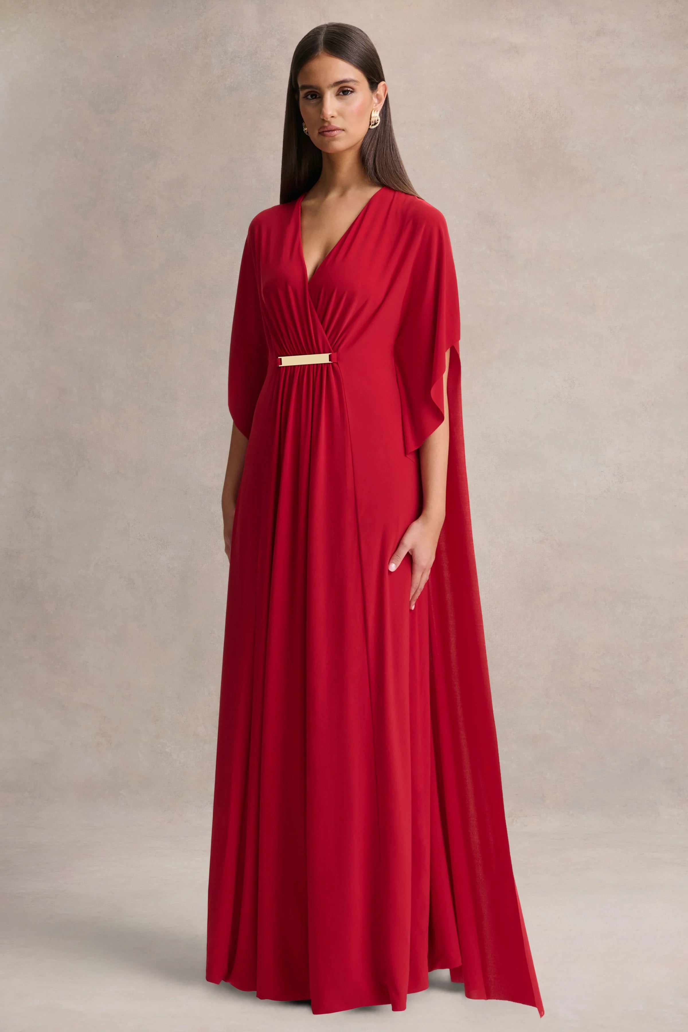 Romilly Red Plunge Neck Maxi Dress With Gathered Detail