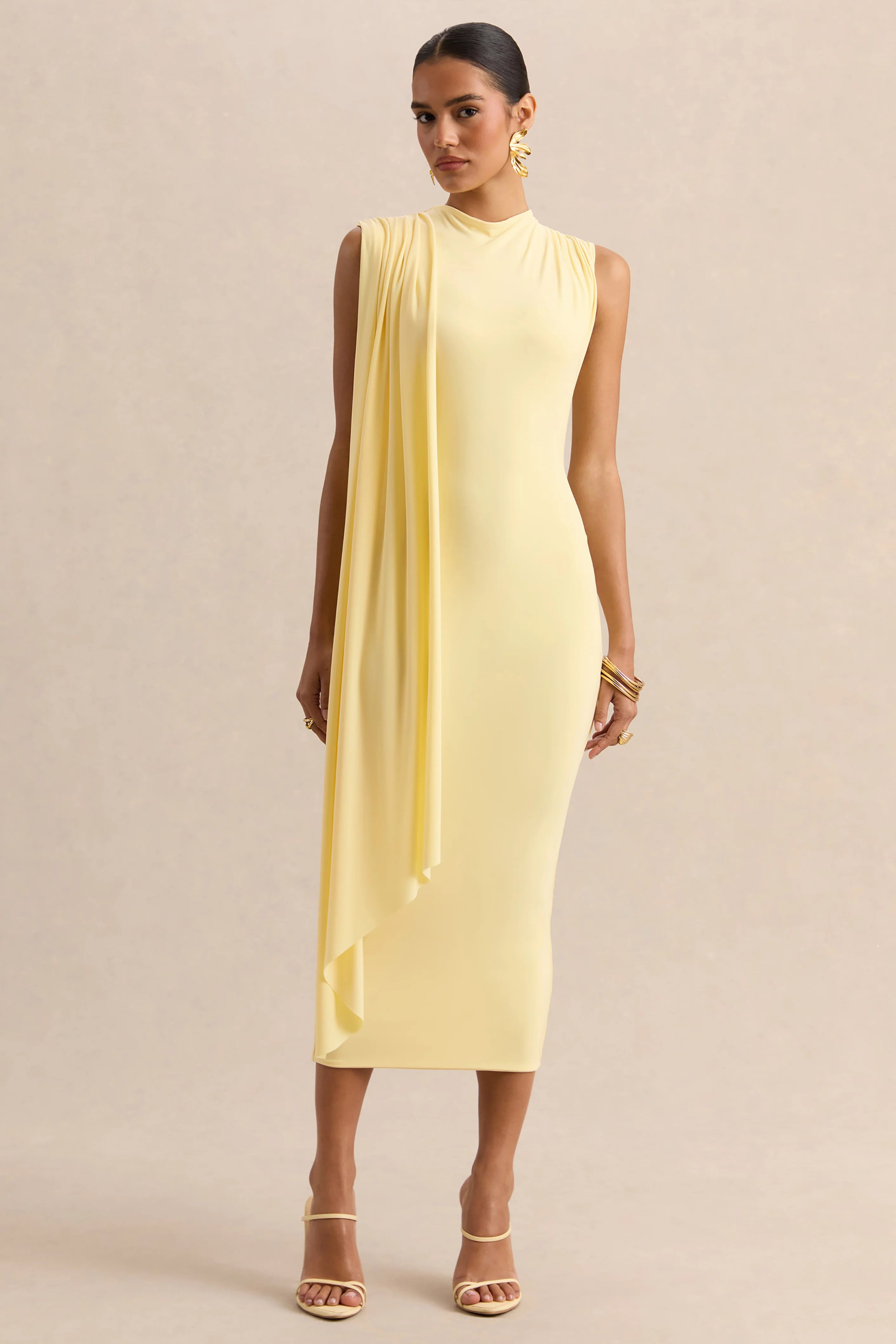 Oleandra Lemon High Neck Midi Dress With Draped Detail