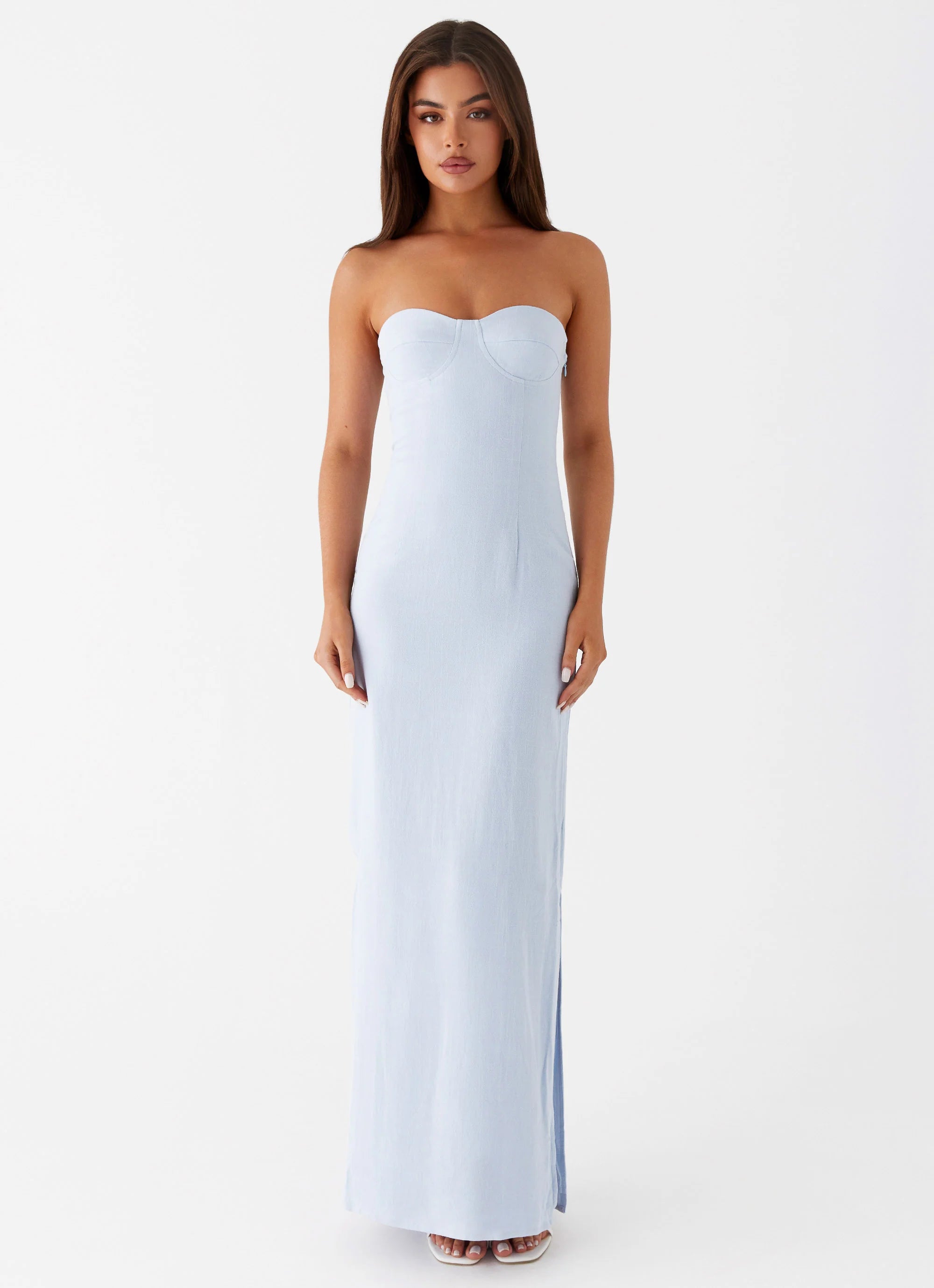 Esra Linen Strapless Maxi Dress Blue