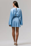 Ocean Flower Powder Blue Crinkle Chiffon Draped Mini Dress