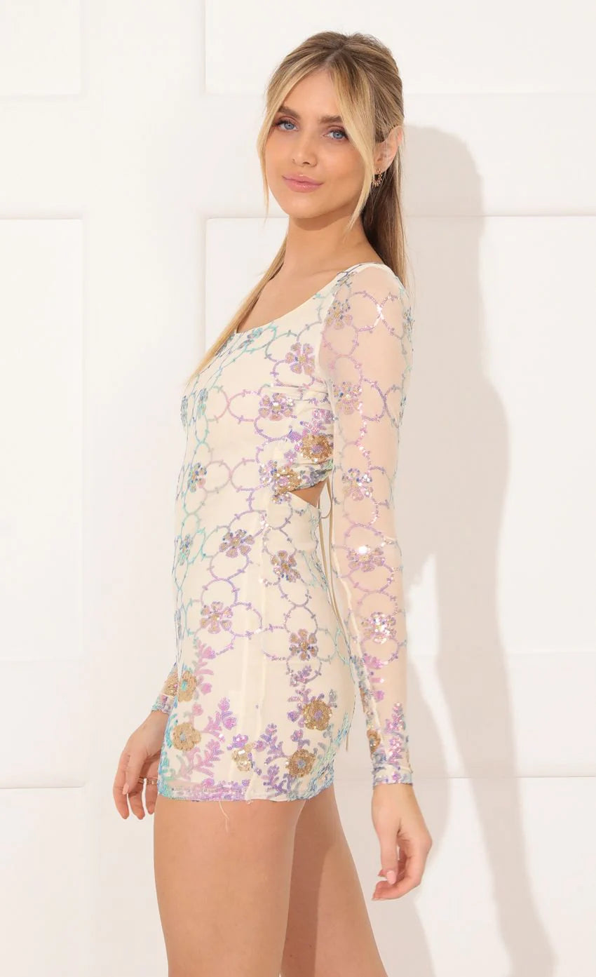 Long Sleeve Bodycon Dress in Nude and Multicolor Sequin